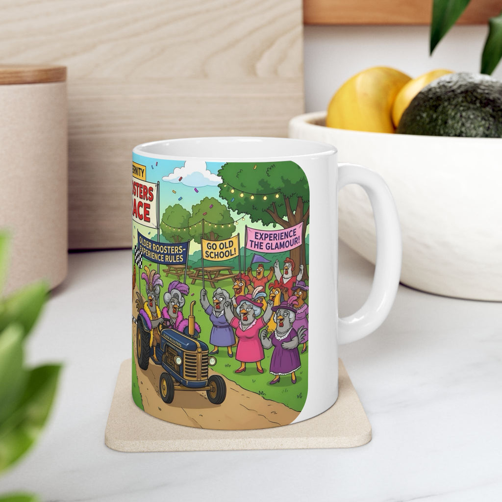 Hens & Roosters Drag Race White Ceramic Mug — Funny Farm Fraternity Racing Tea Cup (11oz/15oz)
