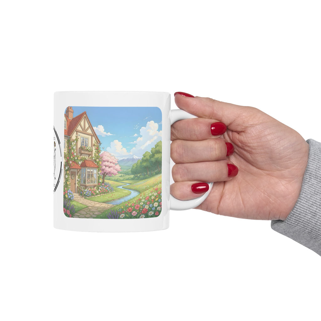 Kawaii English Garden Wildflower Meadow White Ceramic Mug — Cherry Blossom RV Camping Village Cup (11oz/15oz)