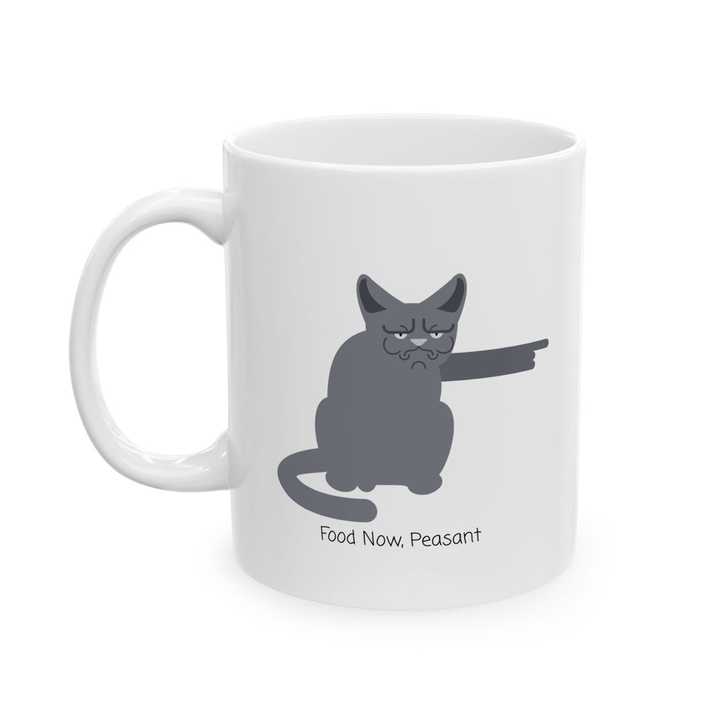 Funny "Food Now, Peasant" Stooshe Cat White Ceramic Mug – Cute Gray Papa Grumps Kitty Cup (11oz & 15oz)