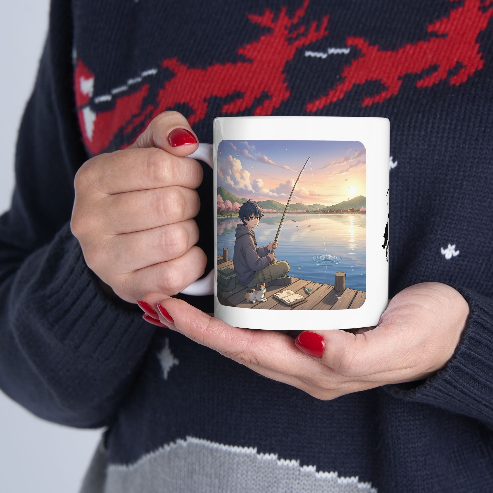 Dock Fishing At Sunset With My Calico Cat White Ceramic Mug — Serene Lake Pier Tea Cup (11oz/15oz)