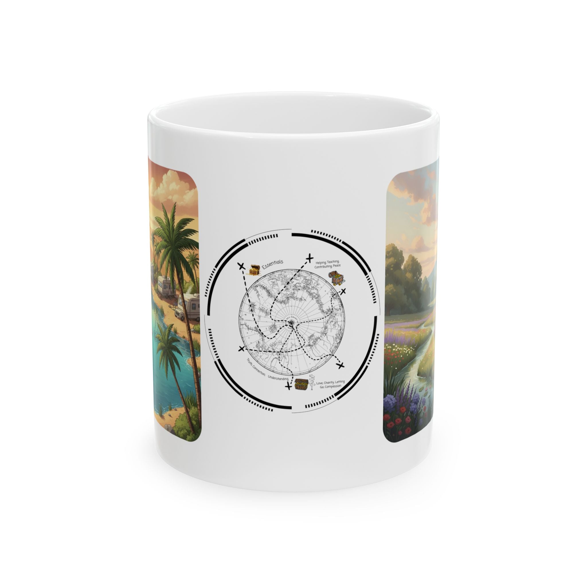 Dreamy Storybook Floral Cottage White Ceramic Mug — Vintage World Map, RV Camping Oasis, & Van Life Panorama Cup (11oz/15oz)
