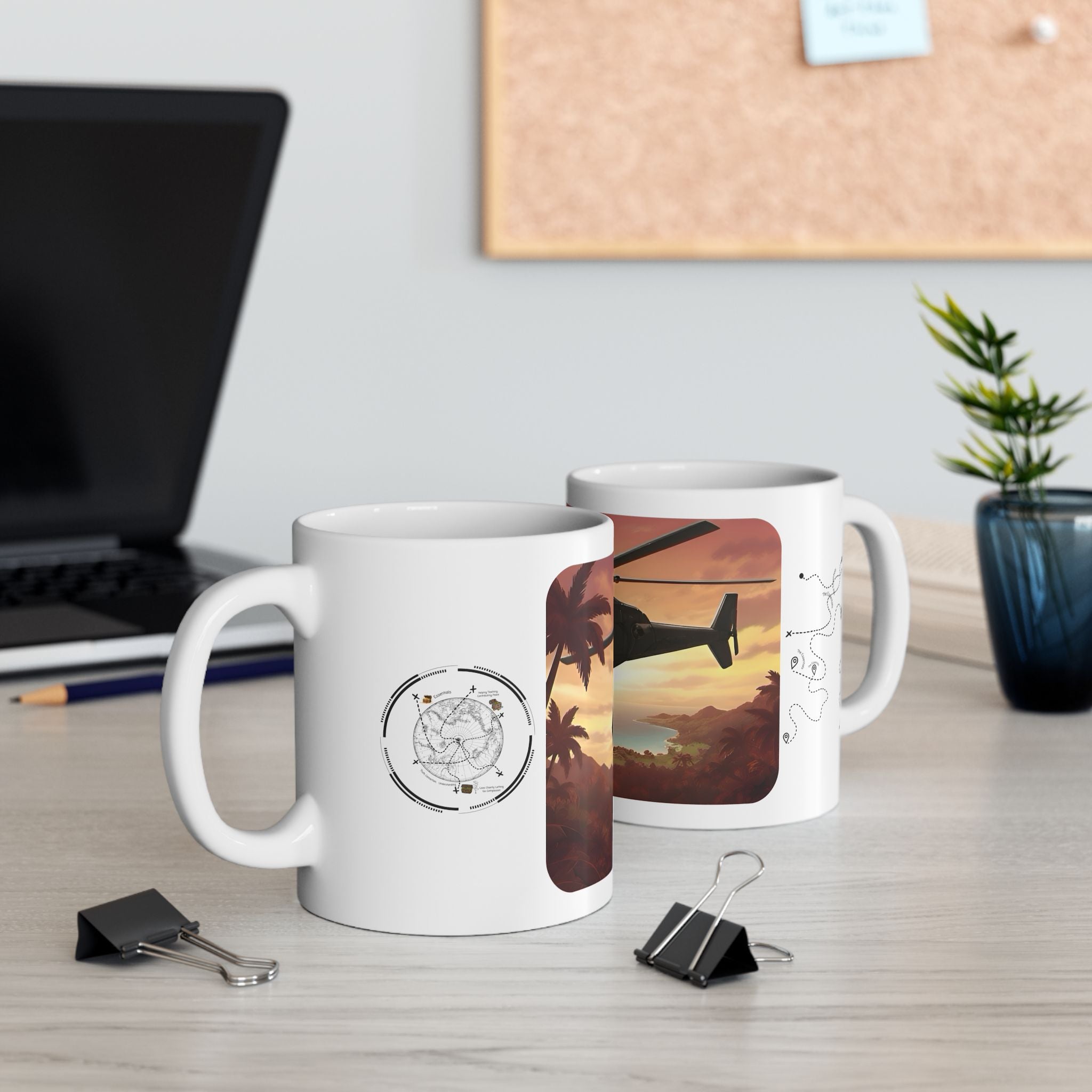 Anime Helicopter Adventure #2 Sunset Beach White Ceramic Mug – Celebrating Companionship, Creativity & Life’s Little Wonders Cup (11oz/15oz)