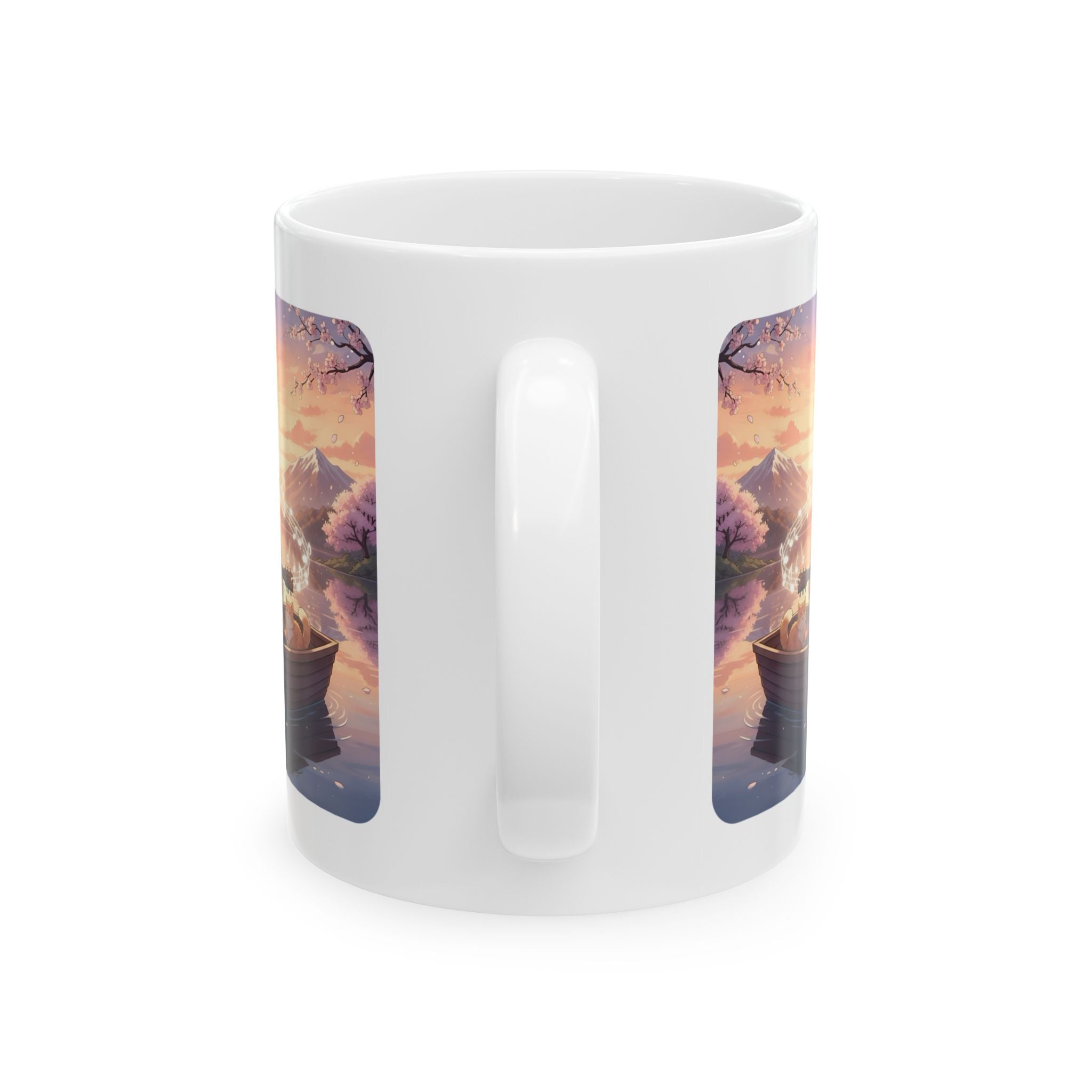 Young Guitarist & Ginger Cat Sunset Lake White Ceramic Mug — Tranquil Nature Musical Companions Cup (11oz, 15oz)