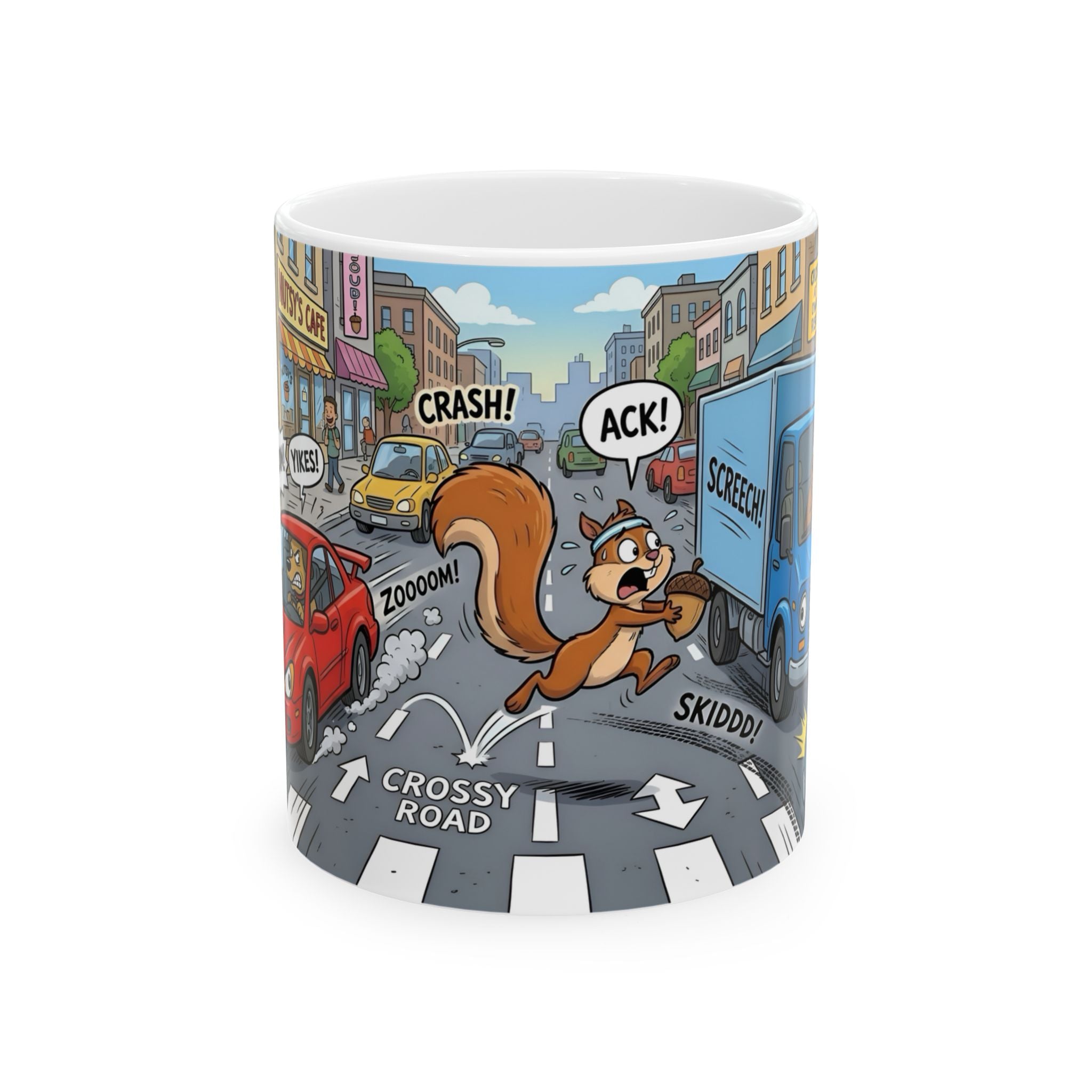 Nutsy's Crossy Road White Ceramic Mug – Adventurous Squirrel Crossing Cup (11oz/15oz)