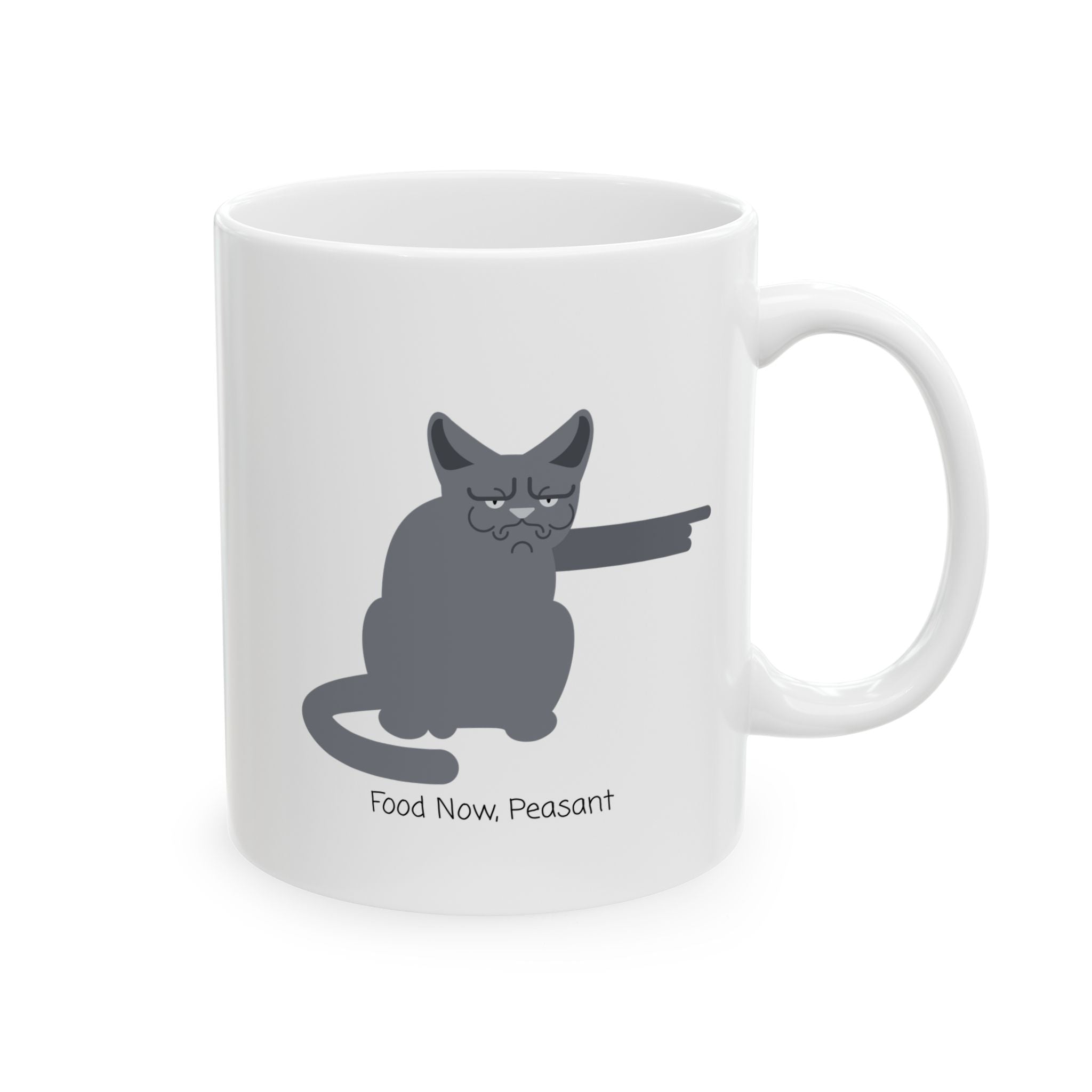 Funny "Food Now, Peasant" Stooshe Cat White Ceramic Mug – Cute Gray Papa Grumps Kitty Cup (11oz & 15oz)