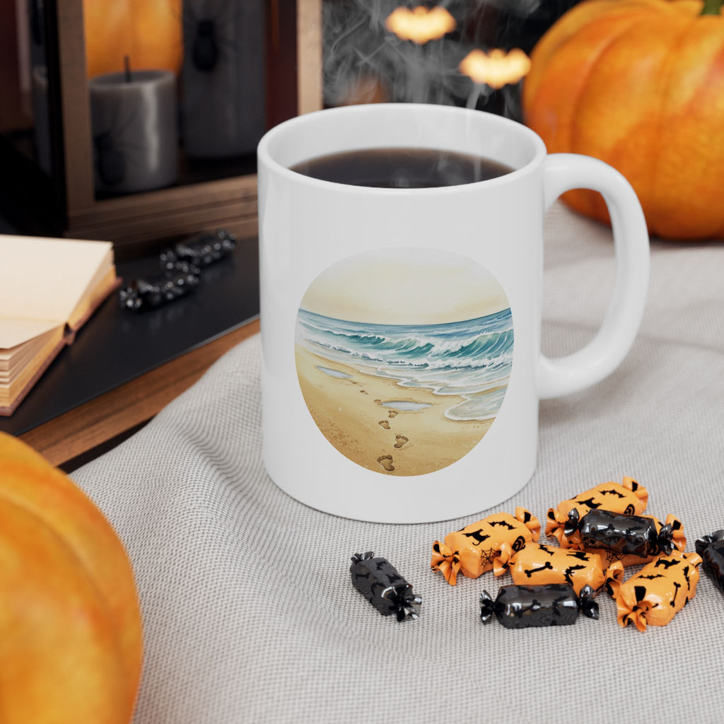 Sea Shore With Footprints In The Sand White Ceramic Mug — Beach Waves Getaway To Tranquility (11oz & 15oz)