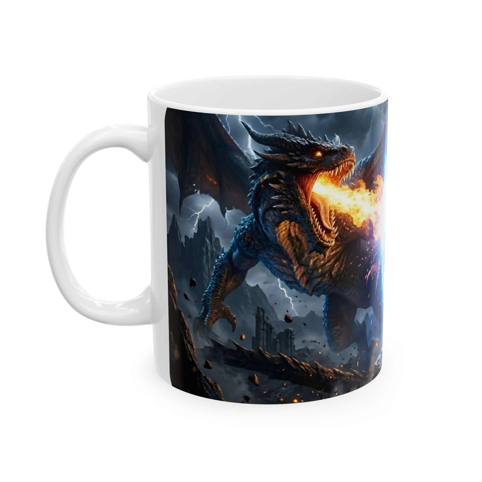 Dragon Battle #3 White Ceramic Mug — Epic Fantasy Gaming Adventure Scene (11oz, 15oz)