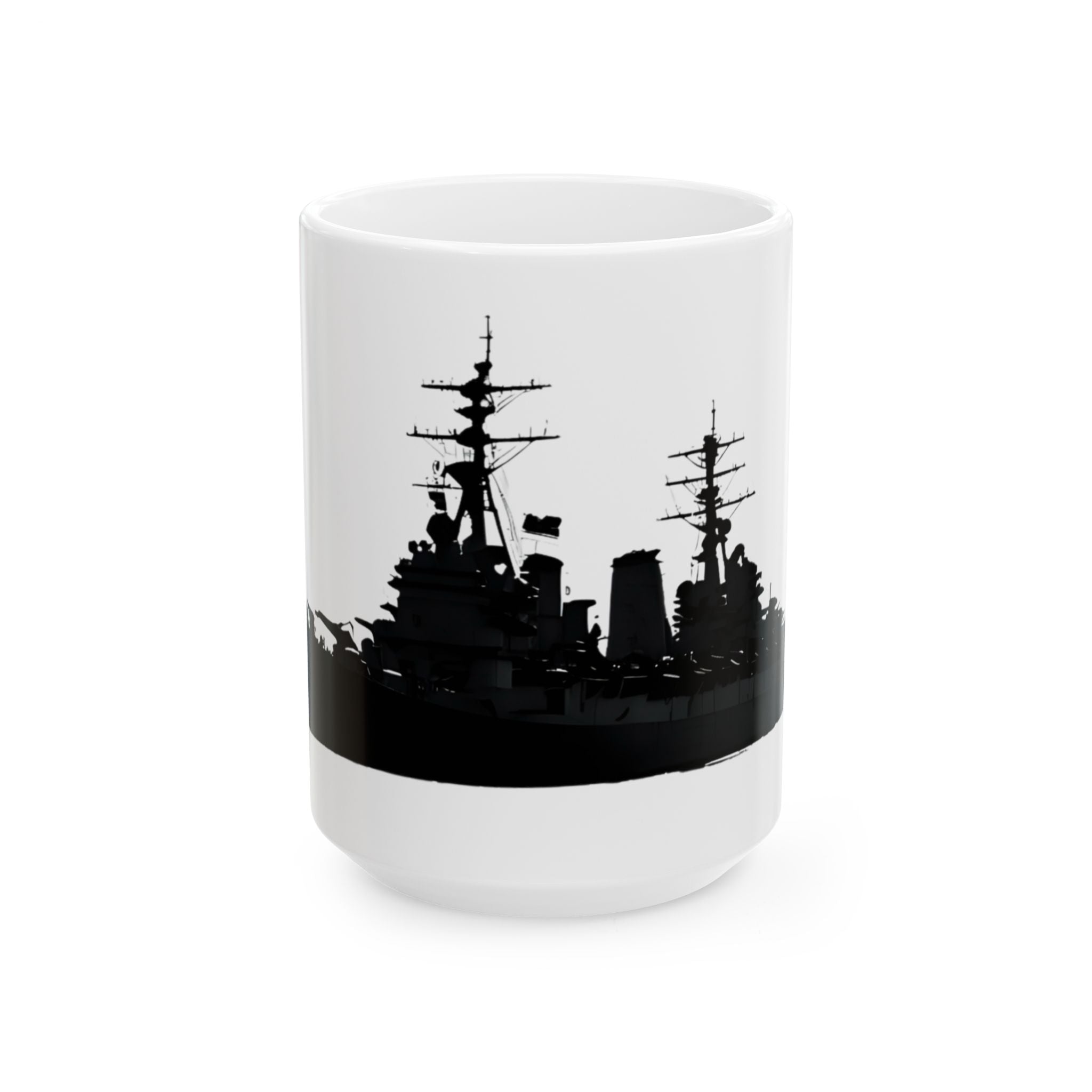 Military Steel Wraparound White Ceramic Mug - Navy Battleship Silhouette Cup (11oz & 15oz)