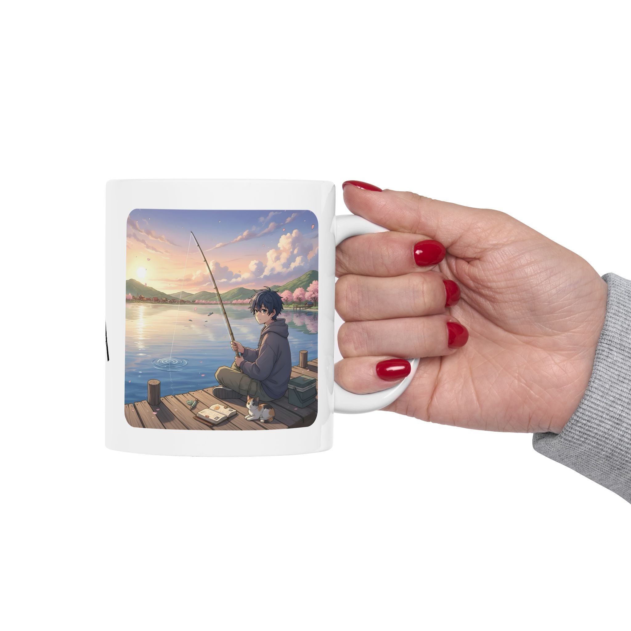 Dock Fishing At Sunset With My Calico Cat White Ceramic Mug — Serene Lake Pier Tea Cup (11oz/15oz)