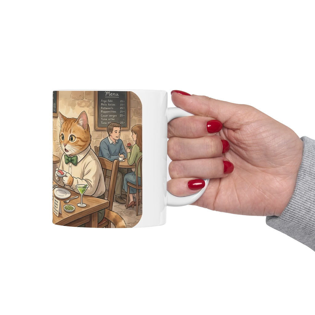Cat Cafe Breakfast White Ceramic Mug — Cute Cats Dining Tea Cup (11oz/15oz)