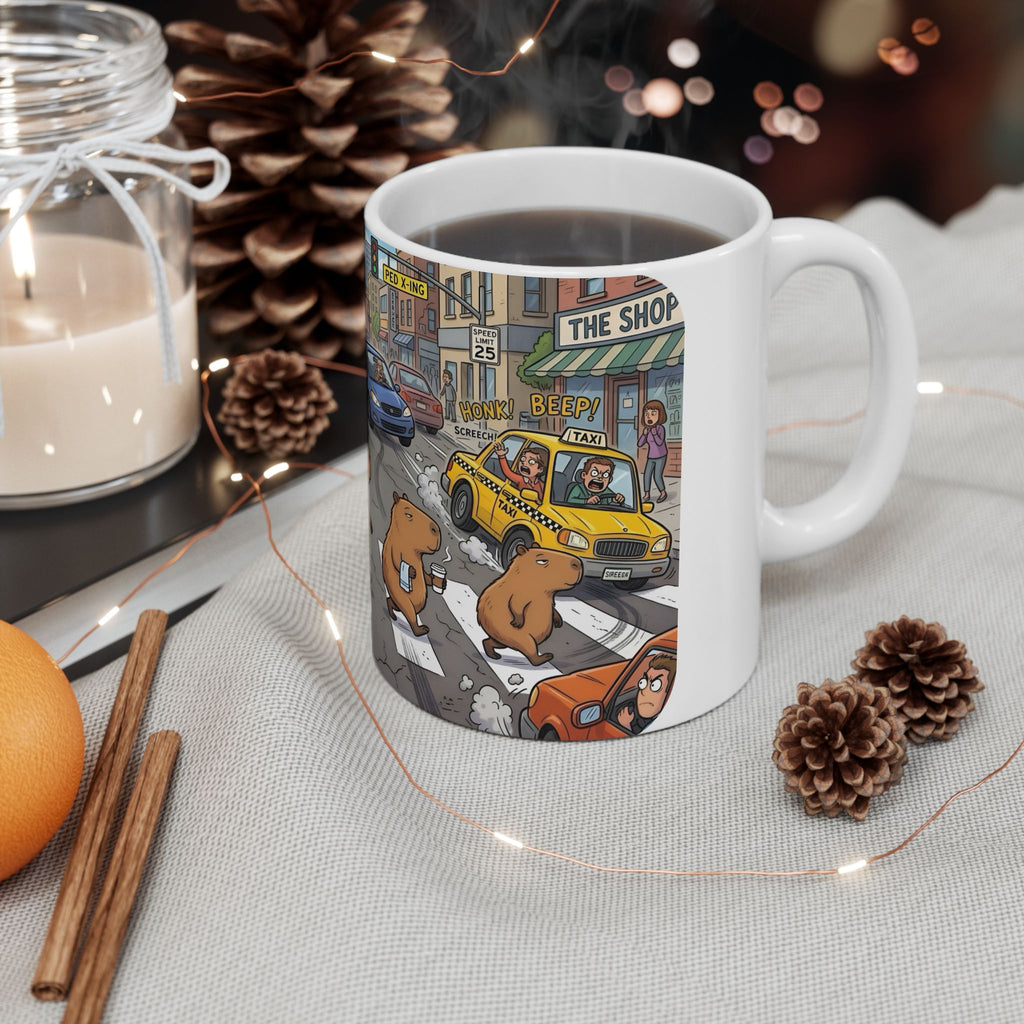 Capybara Abbey Road White Ceramic Mug – Funny Rodent Band Tea Cup (11oz & 15oz)