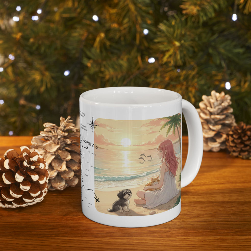 Havanese Shih Tzu & Orange Cat Tropical Seascape White Ceramic Mug, Cozy Owner and Pet Mom on Beach Cup (11oz, 15oz)