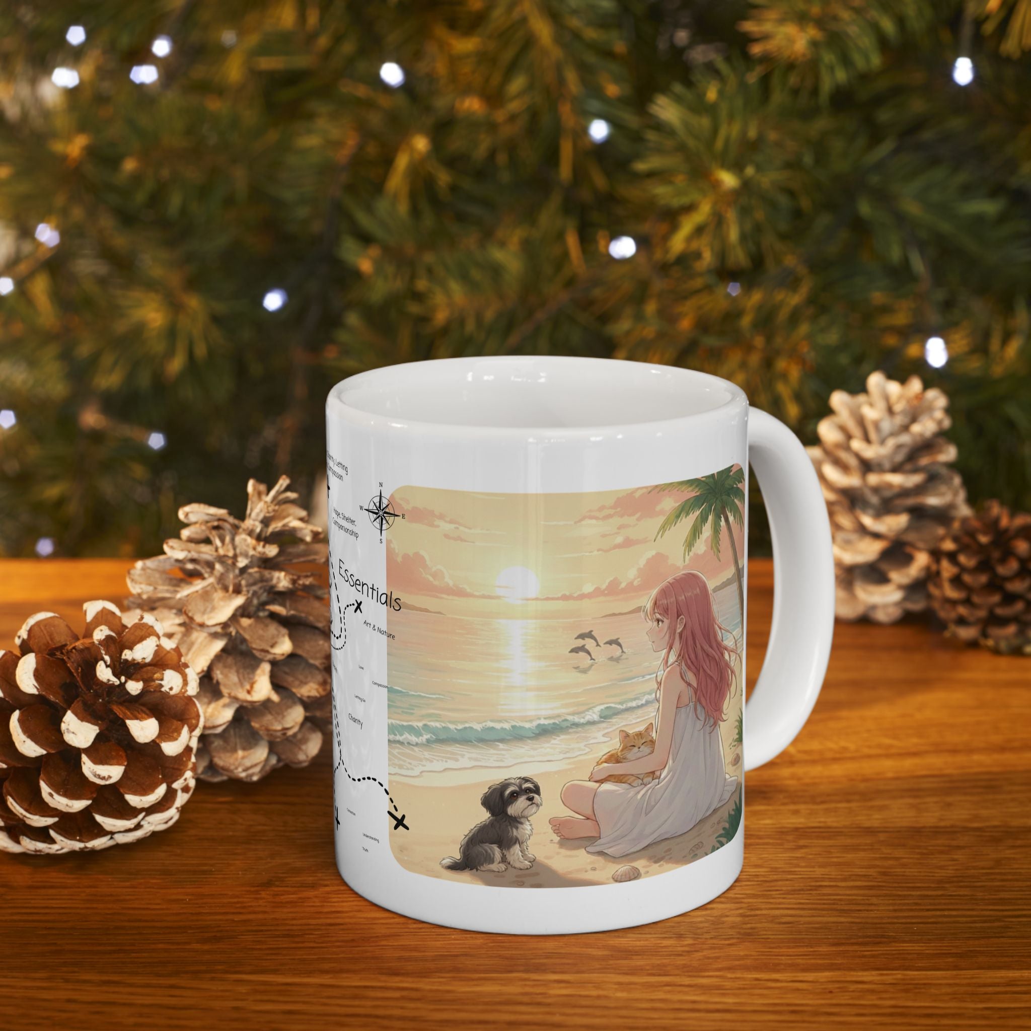 Havanese Shih Tzu & Orange Cat Tropical Seascape White Ceramic Mug, Cozy Owner and Pet Mom on Beach Cup (11oz, 15oz)