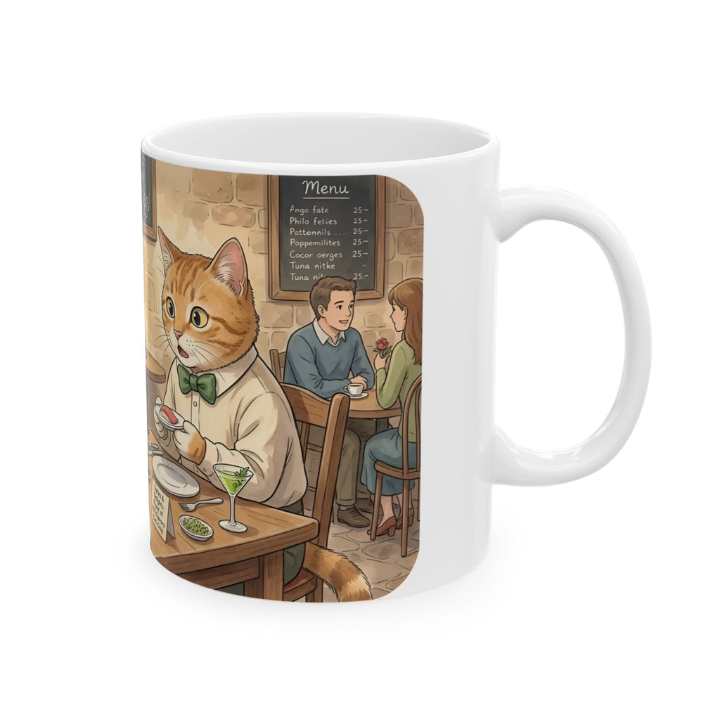 Cat Cafe Breakfast White Ceramic Mug — Cute Cats Dining Tea Cup (11oz/15oz)