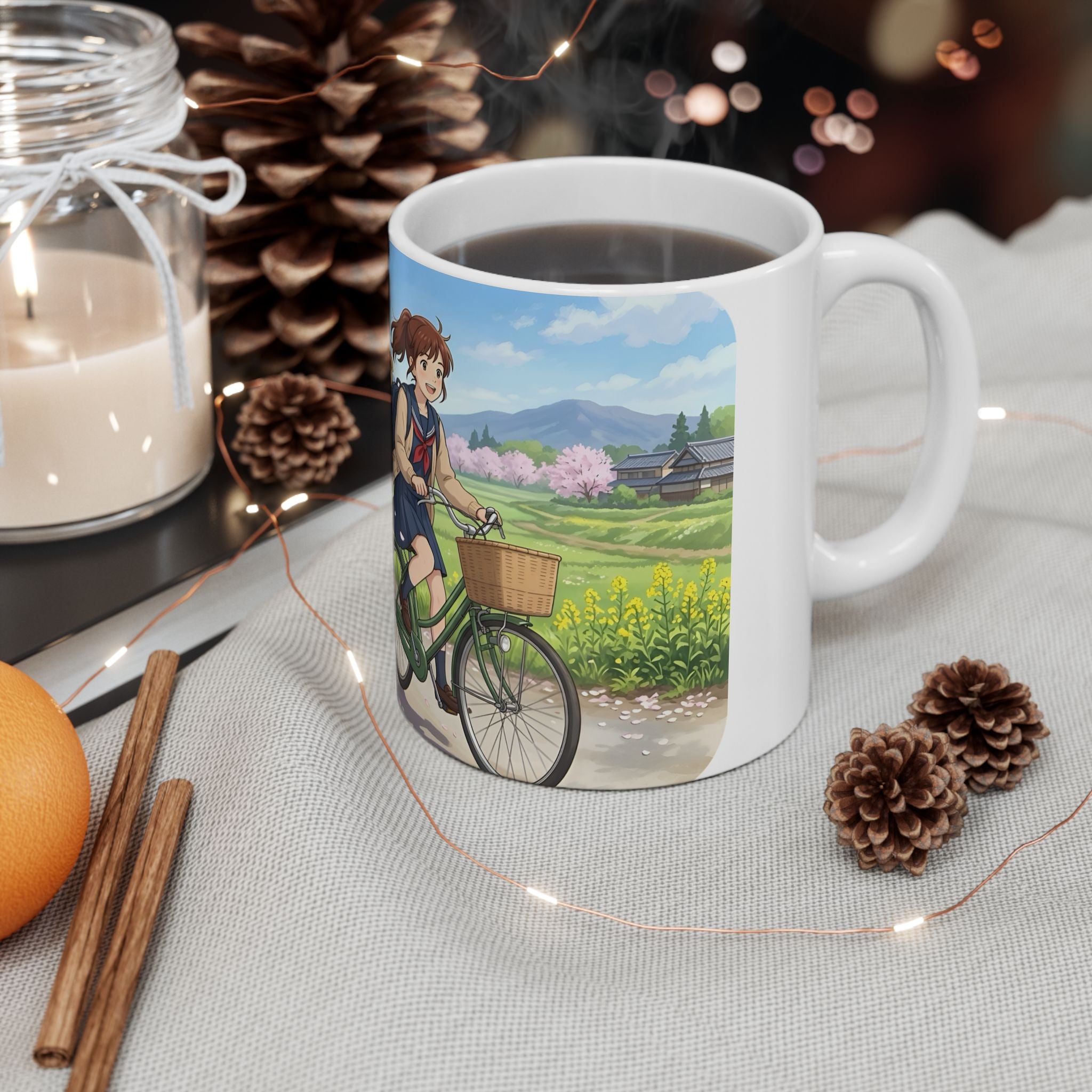 A Quiet Moment of Escape White Ceramic Mug — Sunlit Spring Sakura Cycling Cup (11oz, 15oz)