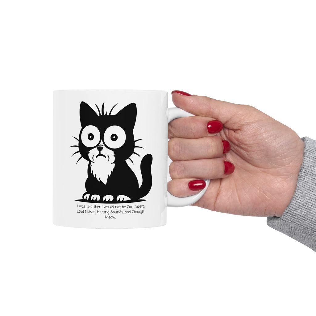 Cat Contemplating Catastrophe White Ceramic Mug - Cute Anxious Black Kitten Tea Cup (11oz & 15oz)