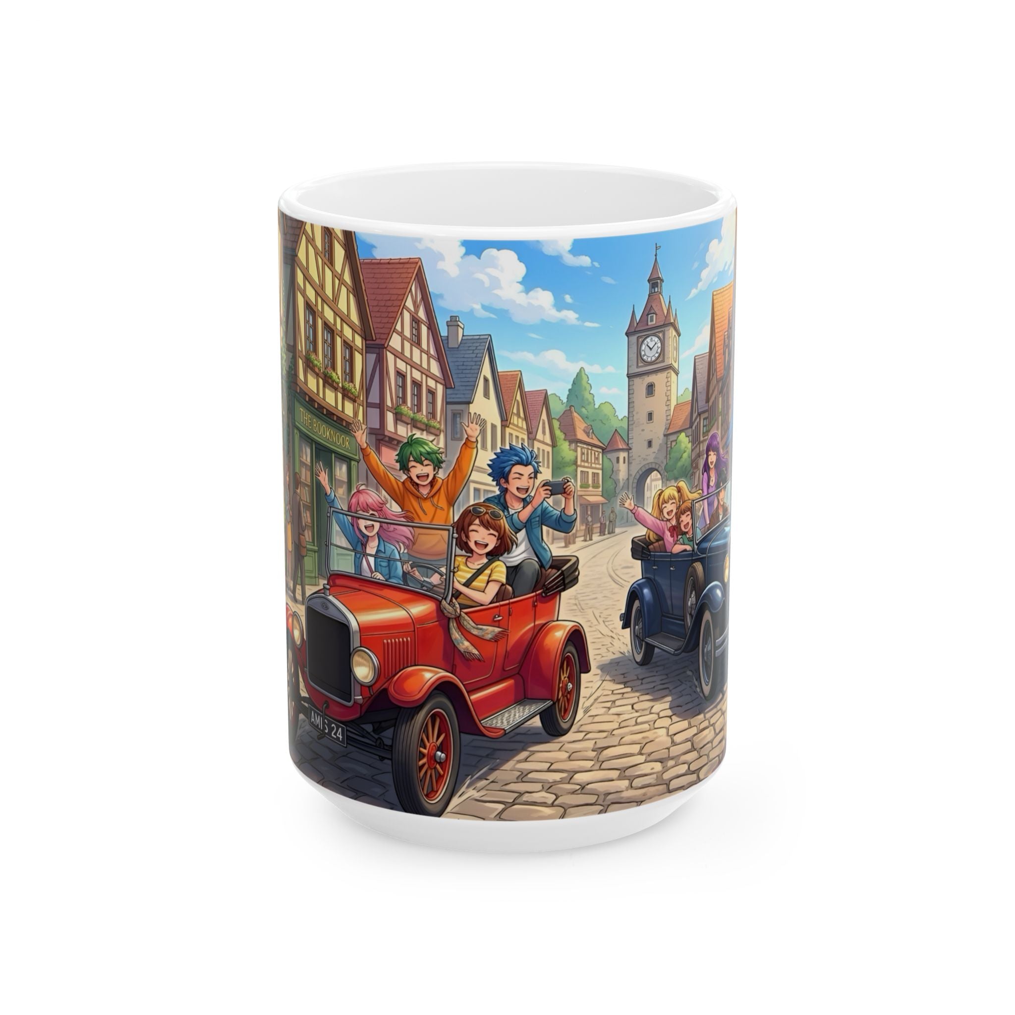 Vintage Village Roadtrip #2 White Ceramic Mug — Classic Cars & Happy Town Friends Cup (11oz, 15oz)