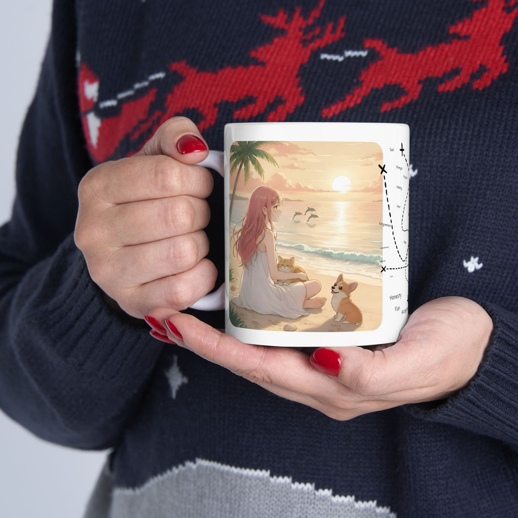 Cute Corgi Dog & Orange Cat Tropical Seascape White Ceramic Mug, Cozy Pembroke Welsh Corgi Mom on Beach Cup (11oz, 15oz)