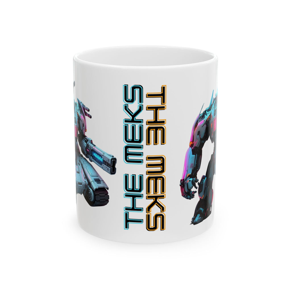 'The Meks' Sci‑Fi Mech Robot #7 White Ceramic Mug (11oz & 15oz), Retro Cyberpunk Tea Cup