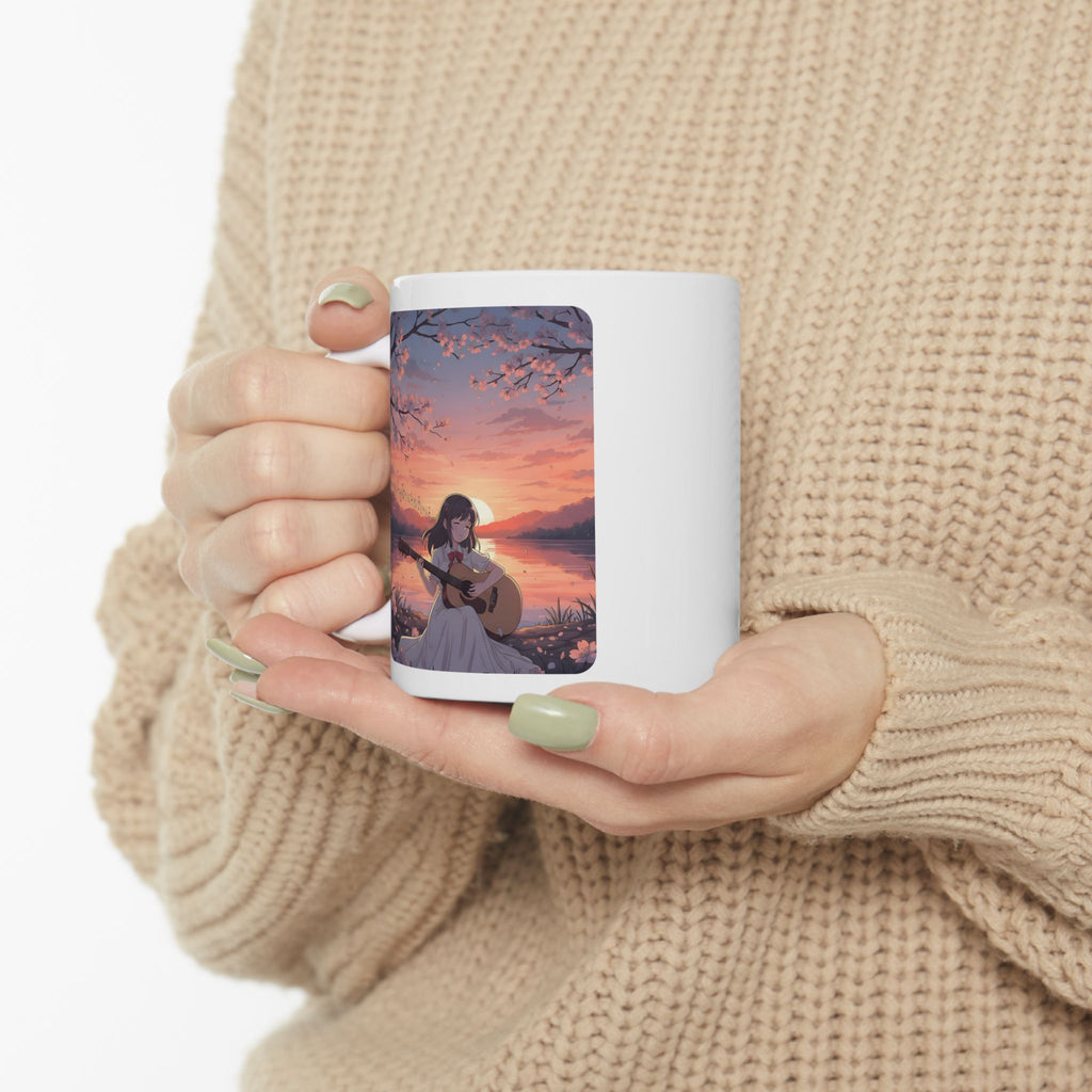 Little Melody Anime Sunset Reflections White Ceramic Mug — Scenic Cherry Blossom Mountain Lake Guitar Cup (11oz, 15oz)