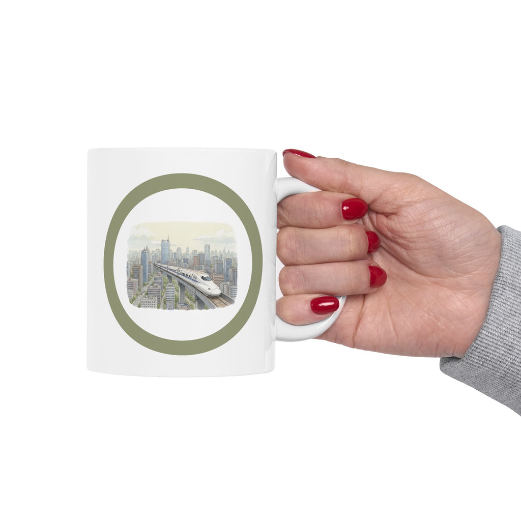 Bullet Train Cityscape Tea Cup – Vintage Skyline White Ceramic Mug (11oz & 15oz)