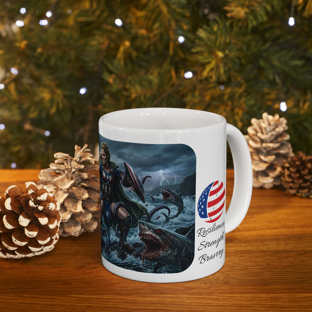 Lady Liberty Unbound #2 White Ceramic Mug — USA Standing Strong Against Darkness Cup