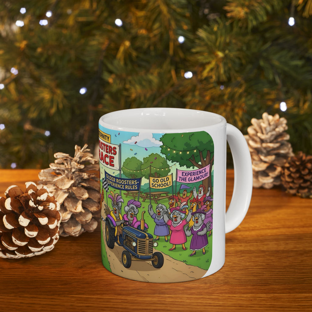 Hens & Roosters Drag Race White Ceramic Mug — Funny Farm Fraternity Racing Tea Cup (11oz/15oz)