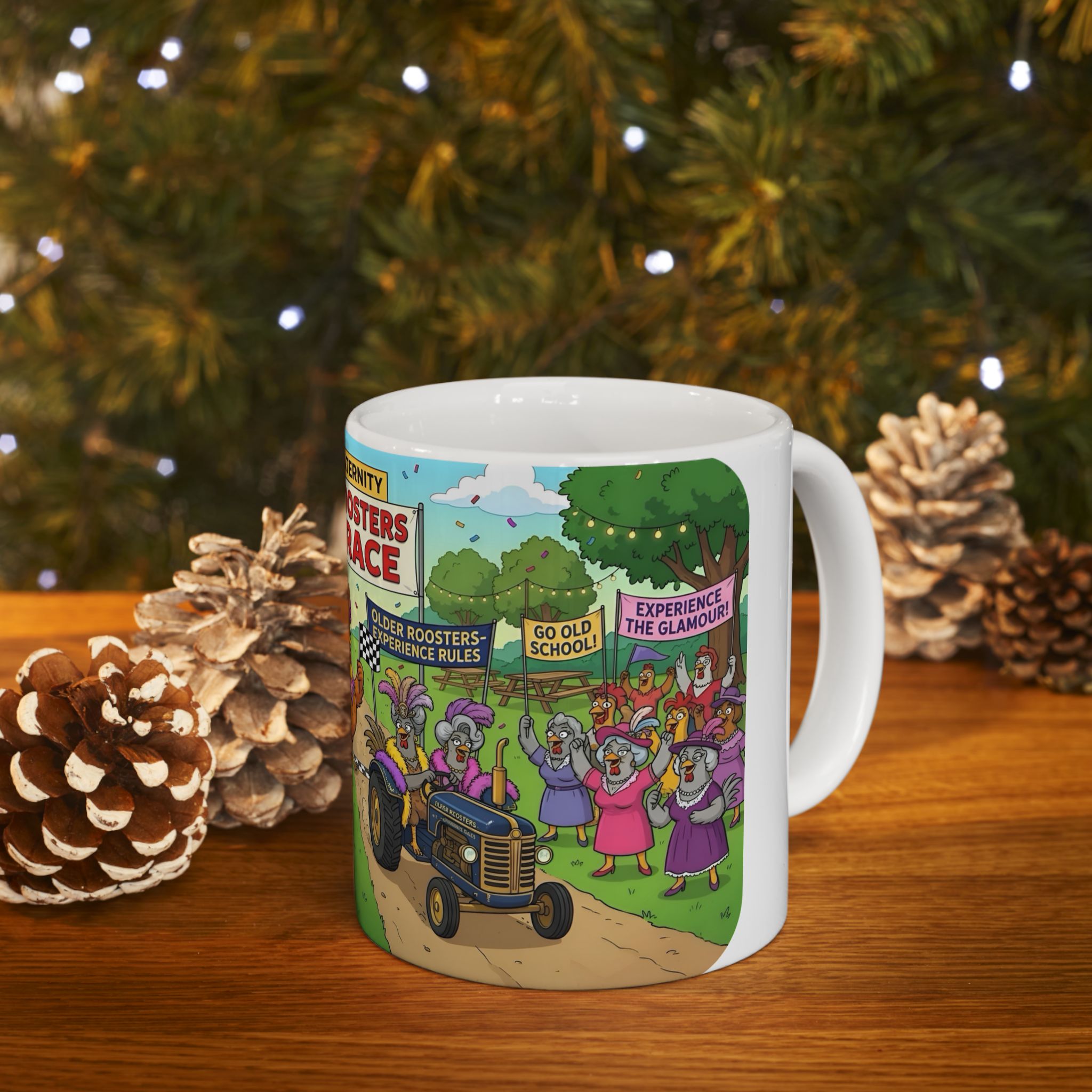 Hens & Roosters Drag Race White Ceramic Mug — Funny Farm Fraternity Racing Tea Cup (11oz/15oz)