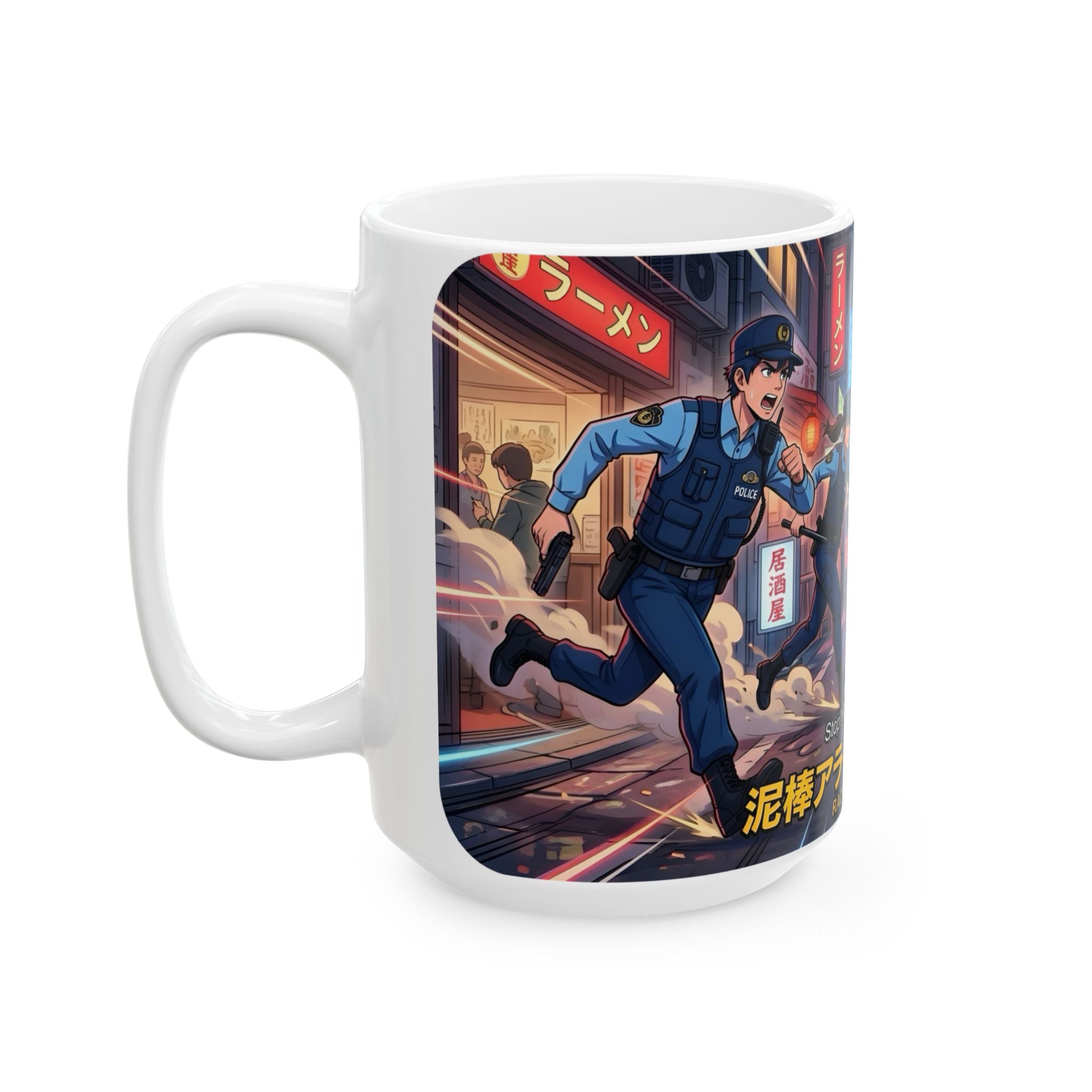 "Raccoon Chase" Anime City Police White Ceramic Mug (11oz/15oz), Urban Ringtails Cup