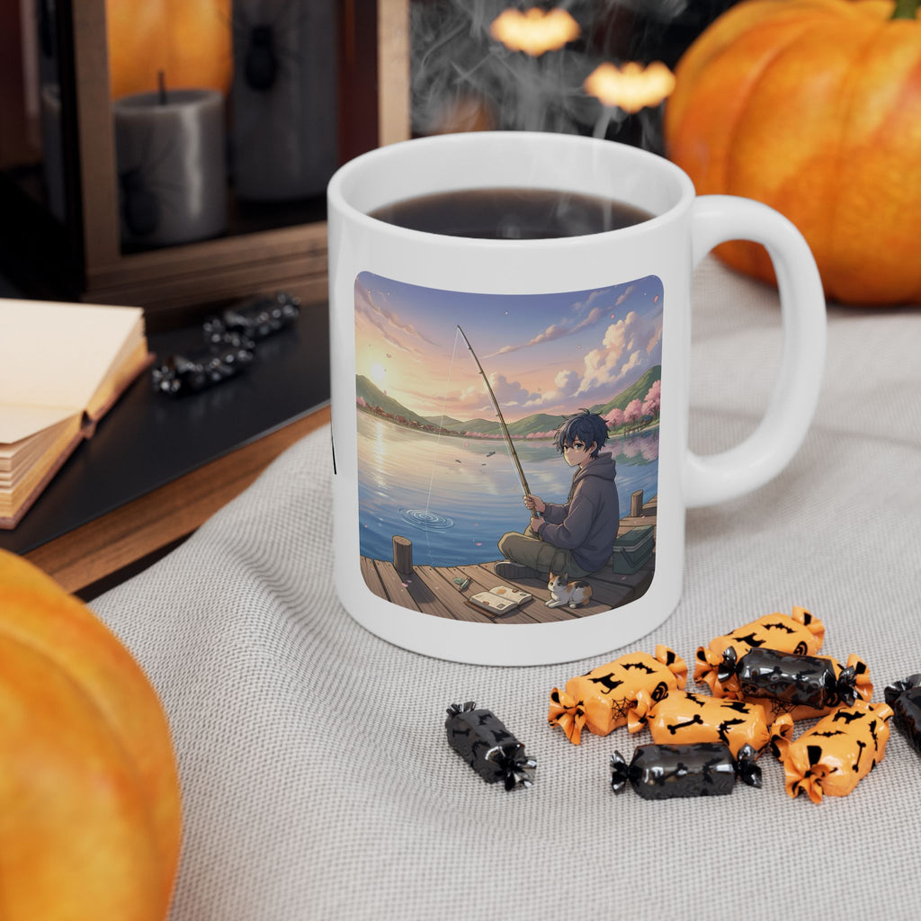Dock Fishing At Sunset With My Calico Cat White Ceramic Mug — Serene Lake Pier Tea Cup (11oz/15oz)