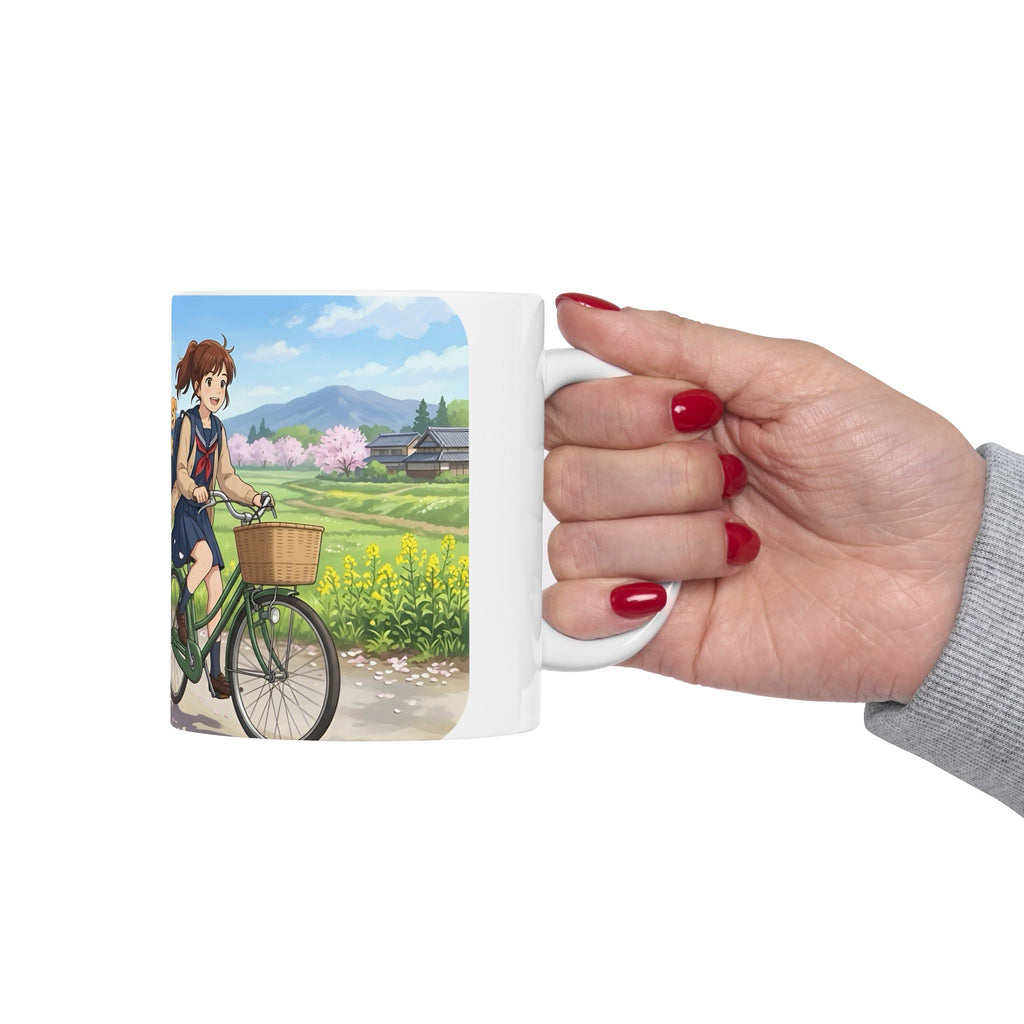 A Quiet Moment of Escape White Ceramic Mug — Sunlit Spring Sakura Cycling Cup (11oz, 15oz)
