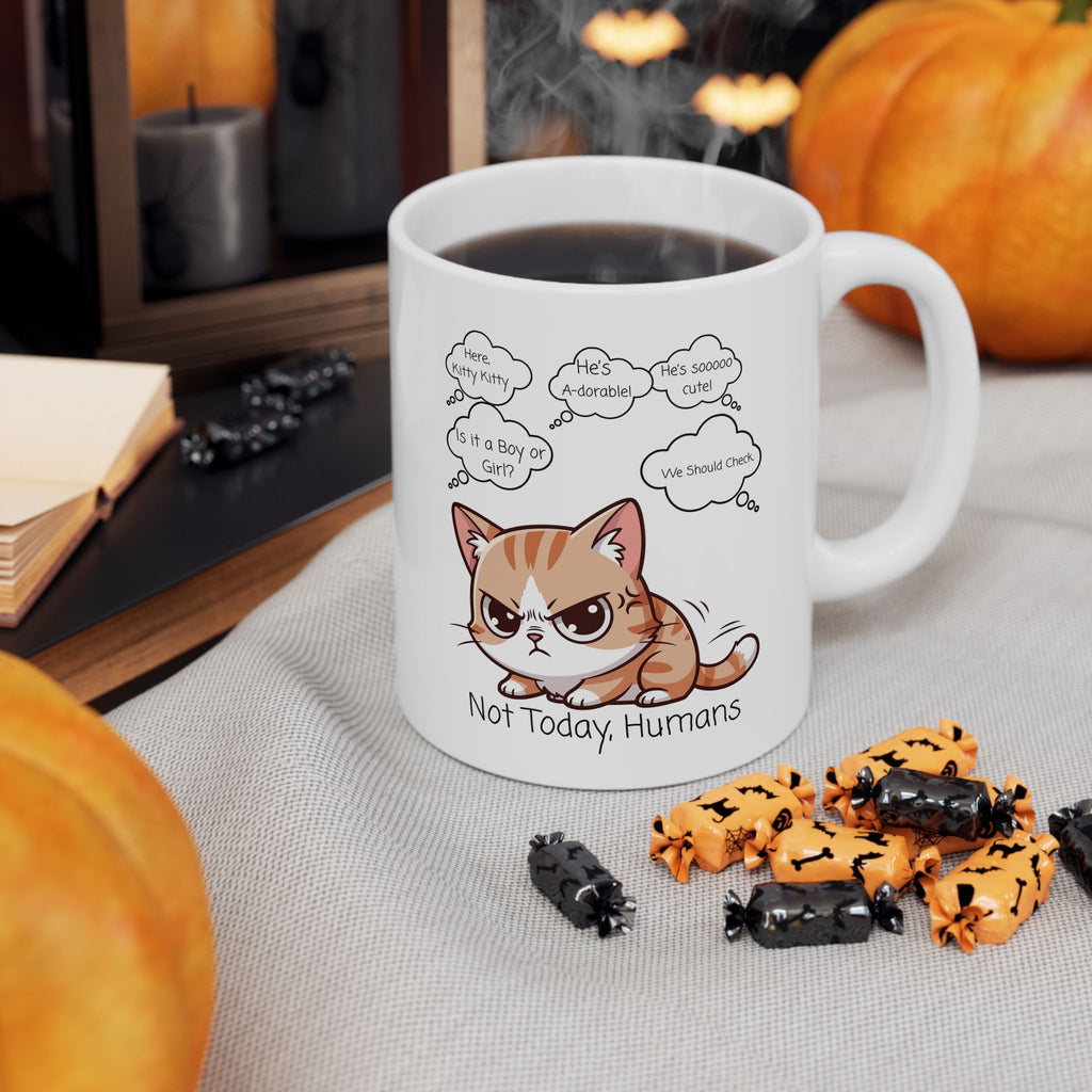 "Not Today, Humans" Grumpy Kitty White Ceramic Mug,  “Not Your Purr-son” Sassy Tea Cup (11oz & 15oz)