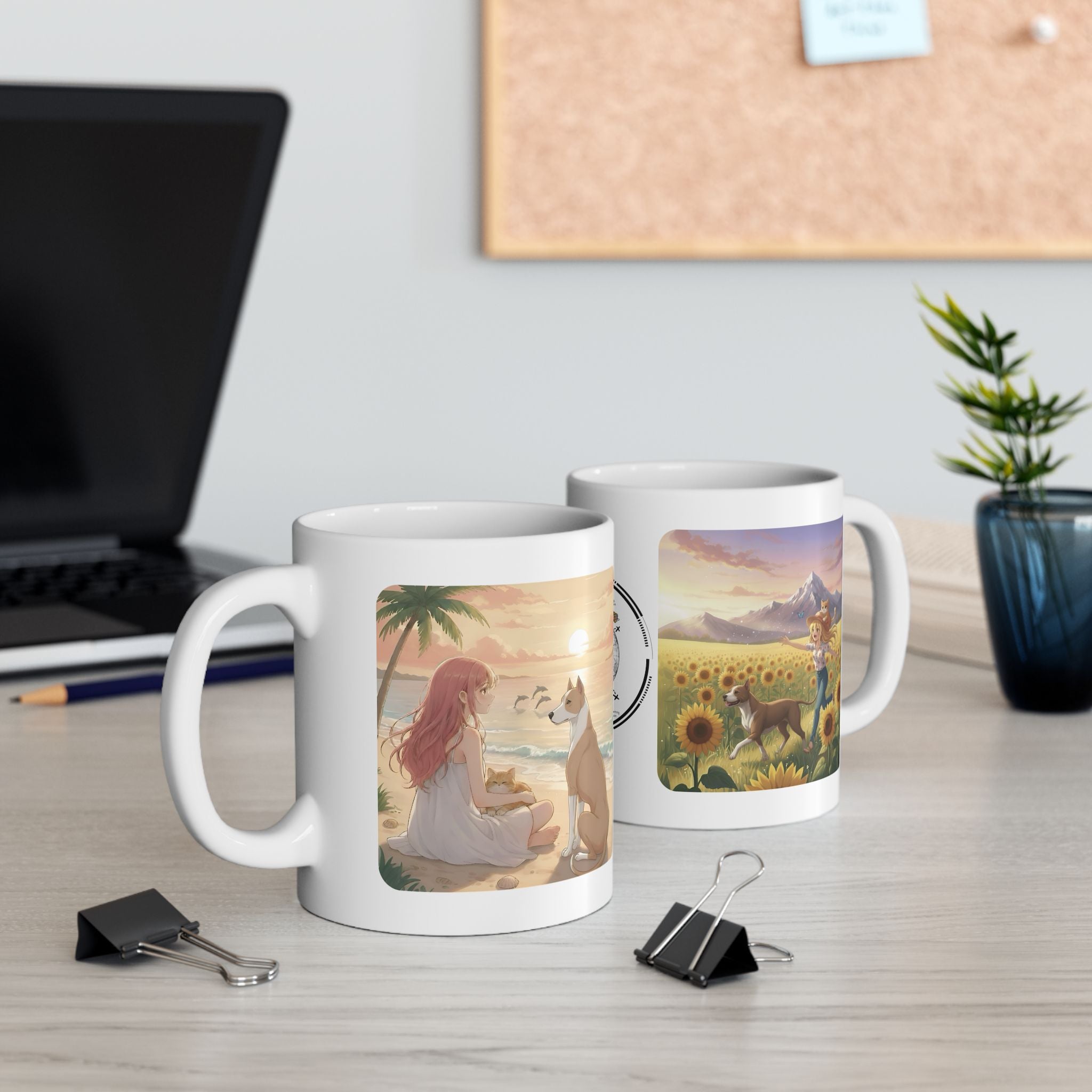 Pitbull Dog Orange Cat Sunset & Sunflower White Ceramic Mug — Peaceful Waves Anime Girl Boho Beach Vibes Cup (11oz, 15oz)