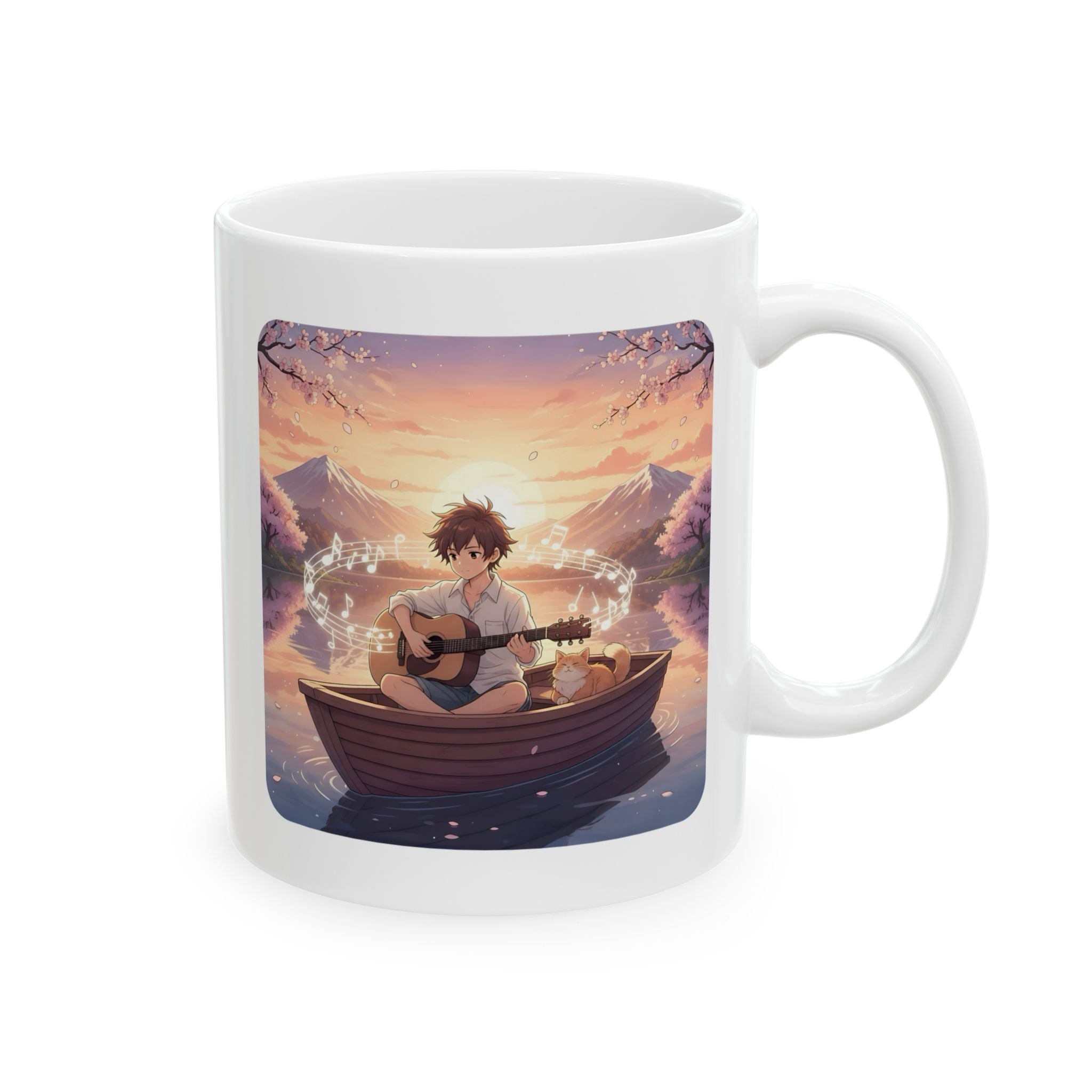 Young Guitarist & Ginger Cat Sunset Lake White Ceramic Mug — Tranquil Nature Musical Companions Cup (11oz, 15oz)
