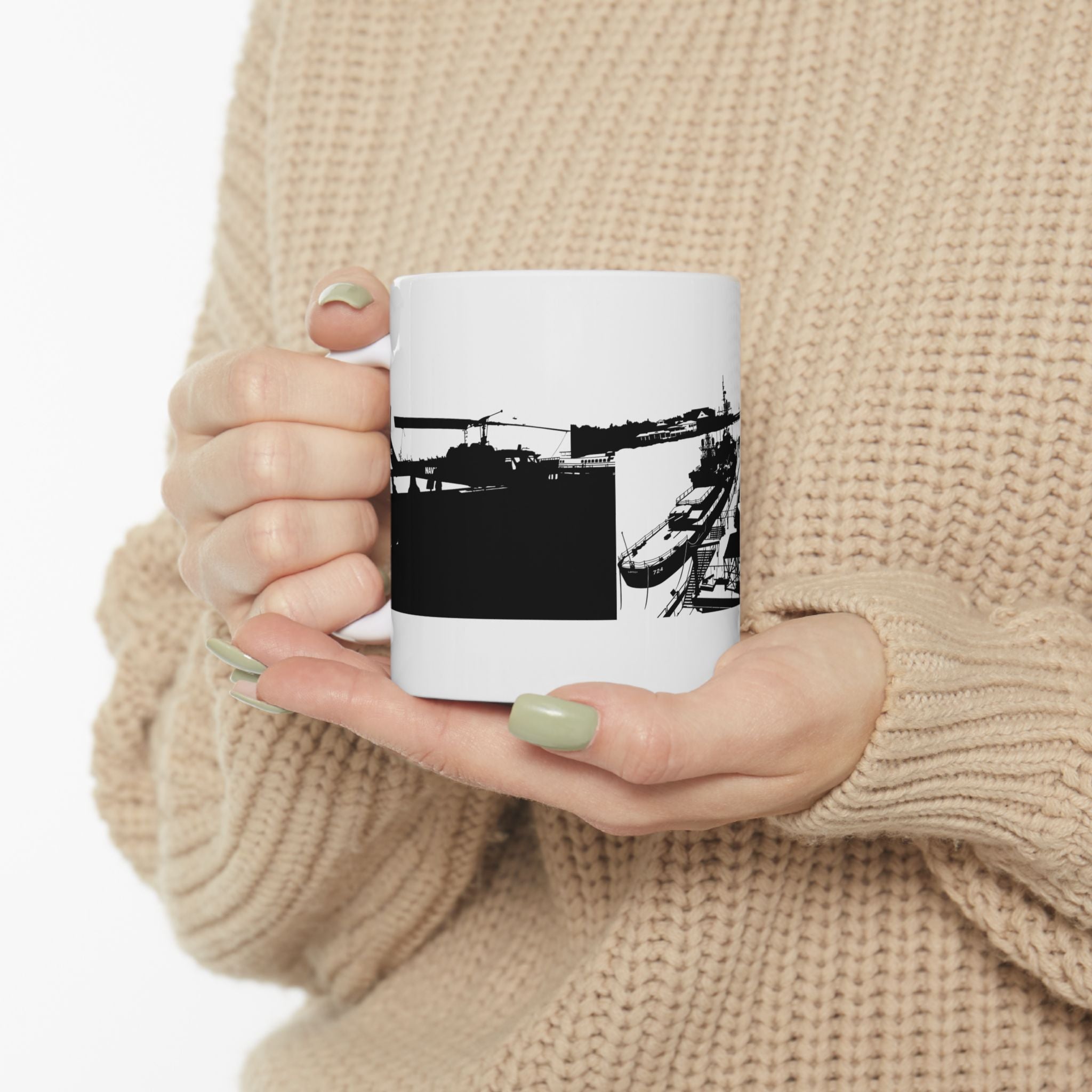 Harbor Panorama White Ceramic Mug — Black & White Maritime Port Cup (11oz, 15oz)