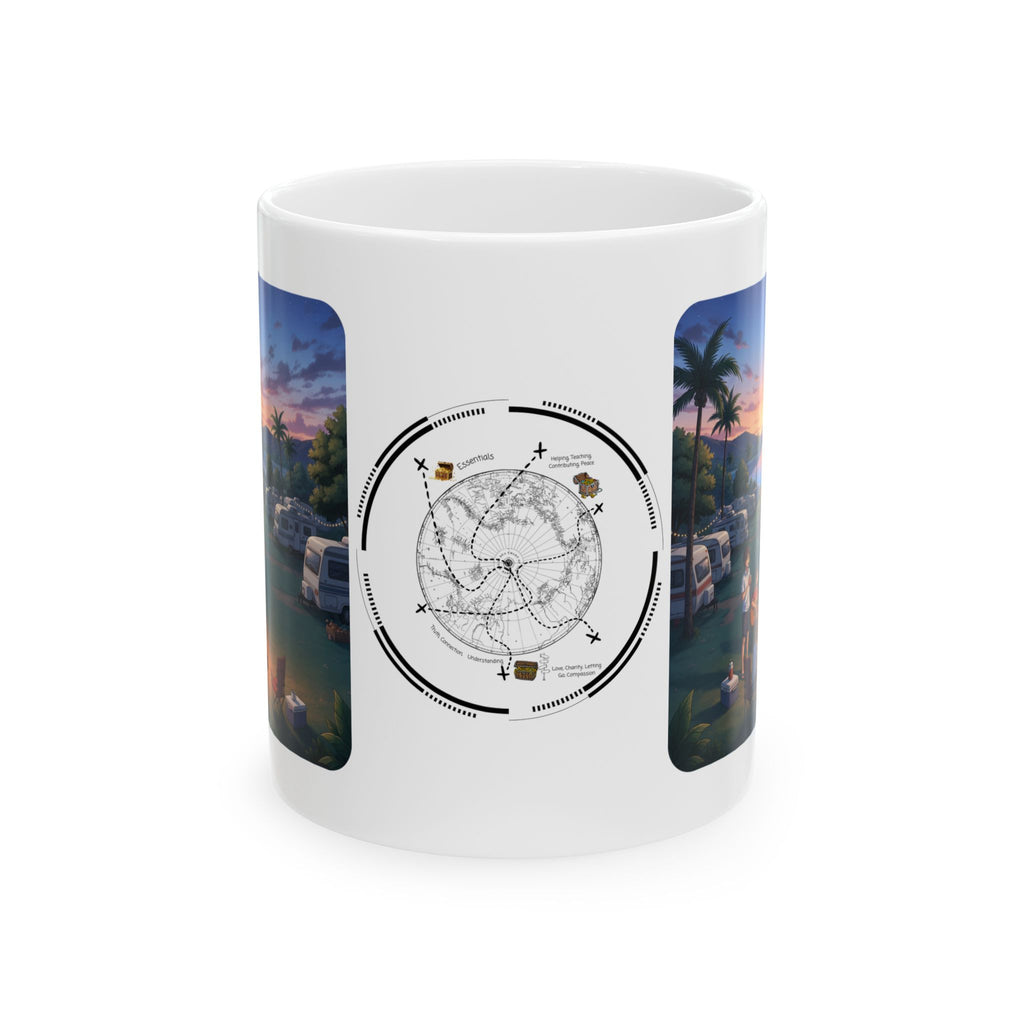 Cozy Sunset Lake Travel Adventure White Ceramic Mug — Vintage Map Compass & Tropical RV Roadtrip Cup (11oz/15oz)