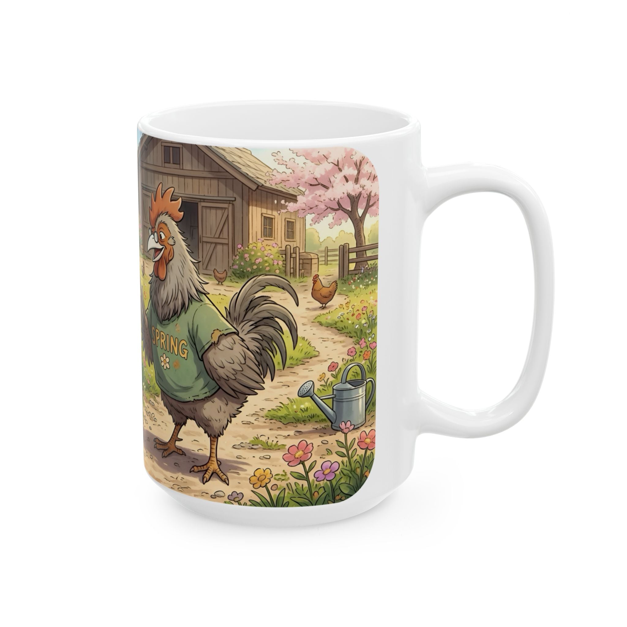 Spring Rooster & Chickens White Ceramic Mug — Cute & Cozy Country Farm Tea Cup (11oz/15oz)