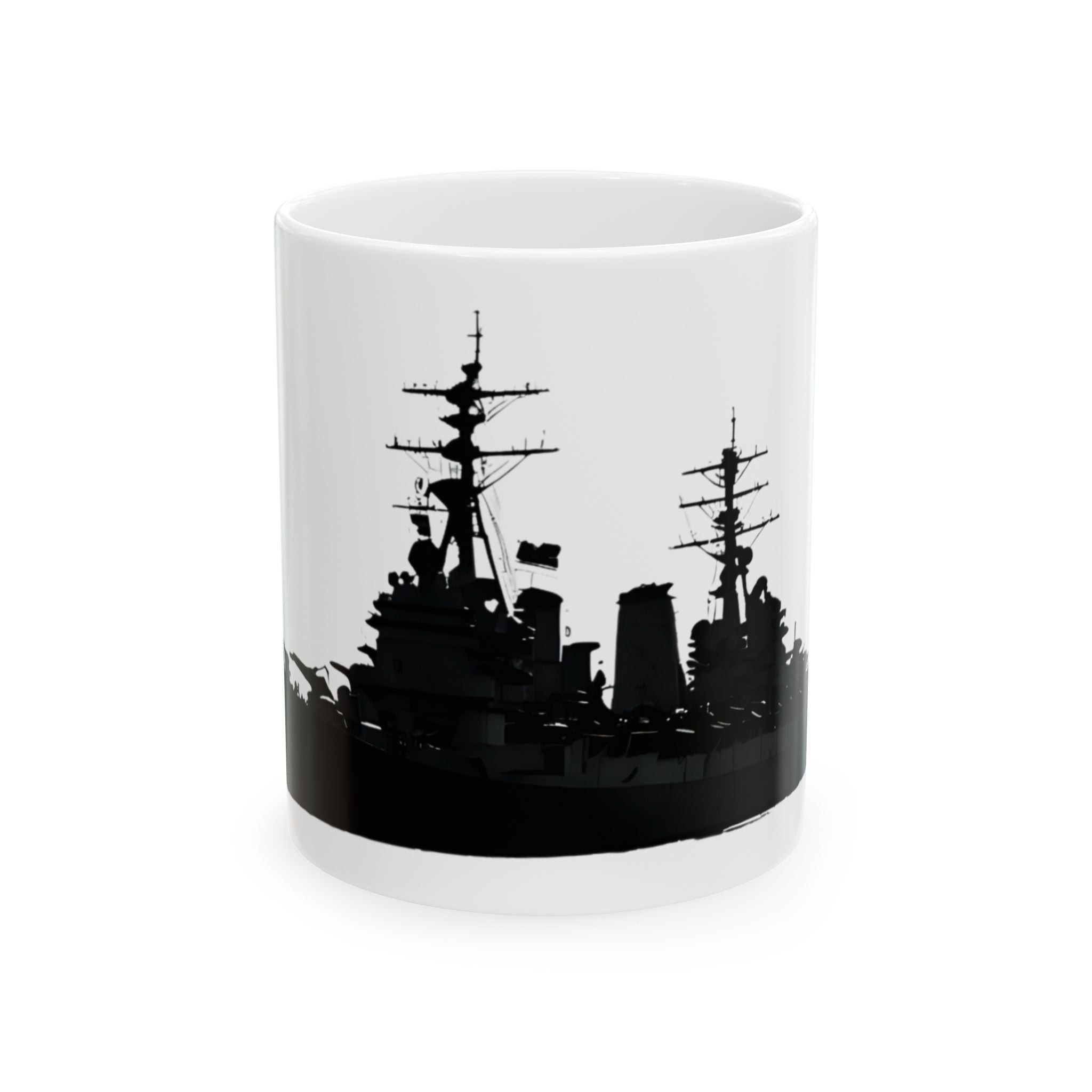 Military Steel Wraparound White Ceramic Mug - Navy Battleship Silhouette Cup (11oz & 15oz)