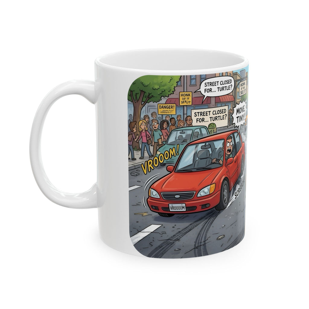 Cute Turtle Crossing White Ceramic Mug, Cruising Vibes Cup (11oz, 15oz)