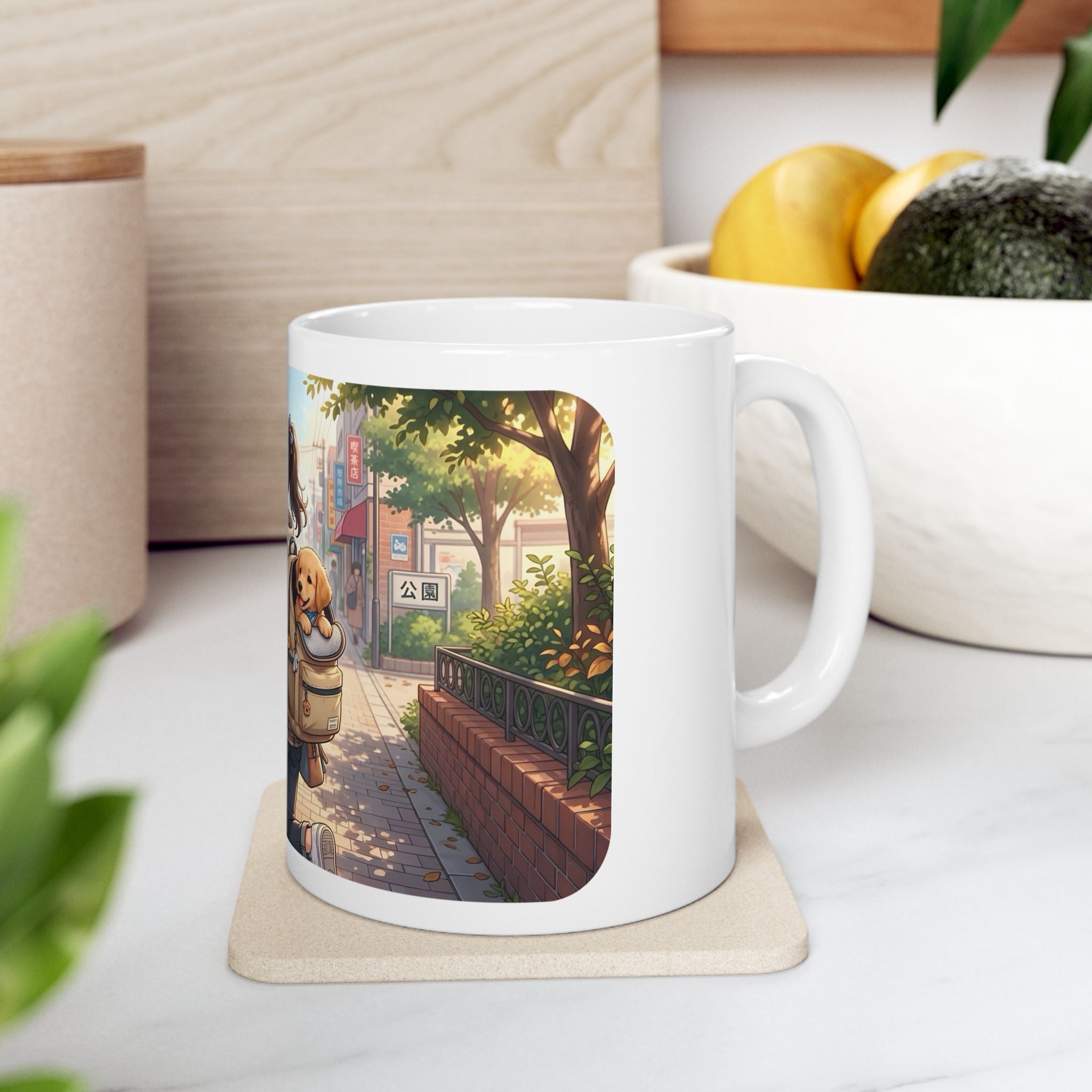 Cozy & Cute Puppy Backpack White Ceramic Mug (11oz, 15oz), Grins & Peeks Cobblestone Cup