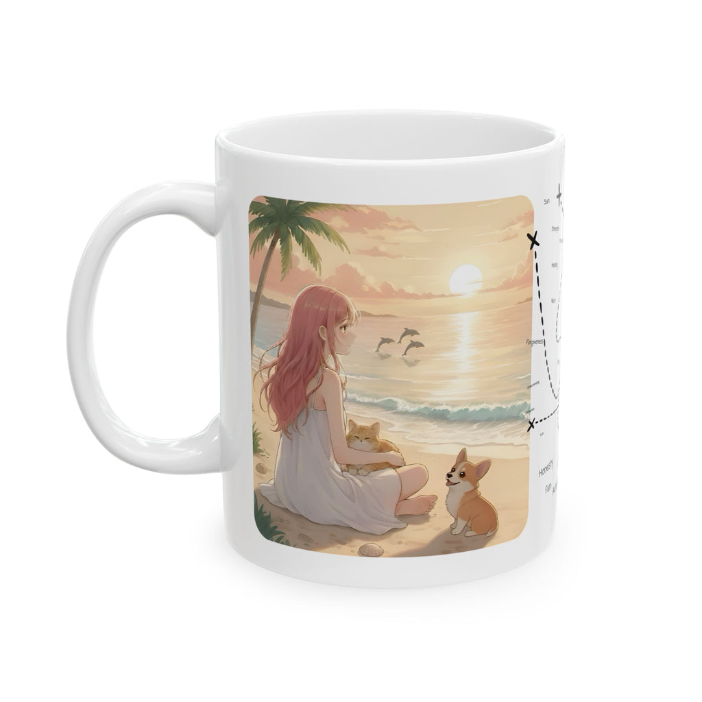 Cute Corgi Dog & Orange Cat Tropical Seascape White Ceramic Mug, Cozy Pembroke Welsh Corgi Mom on Beach Cup (11oz, 15oz)