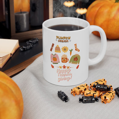 Journeys Happy Thanksgiving Pumpkin Season Ceramic Mug, White, (11oz, 15oz), Perfect Gift Mug for the Holidays, Mug for the Whole Family