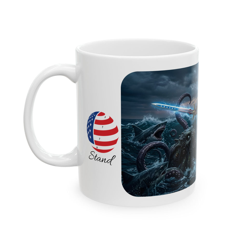 Lady Liberty Unbound #1 White Ceramic Mug — USA Standing Strong Against Darkness Cup