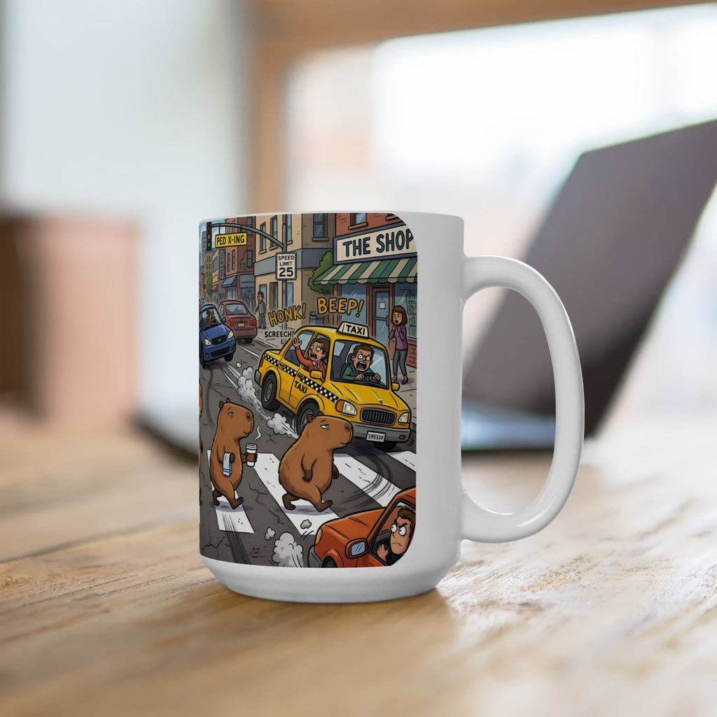 Capybara Abbey Road White Ceramic Mug – Funny Rodent Band Tea Cup (11oz & 15oz)