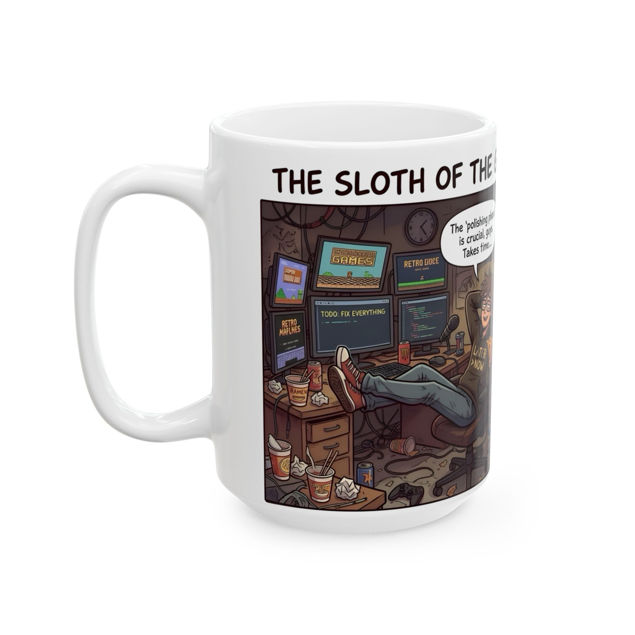 Humorous Game Developer White Ceramic Mug — 'The Life of the Indie Game Dev' Tea Cup (11oz/15oz)