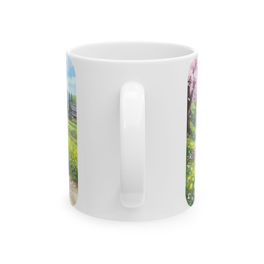 A Quiet Moment of Escape White Ceramic Mug — Sunlit Spring Sakura Cycling Cup (11oz, 15oz)