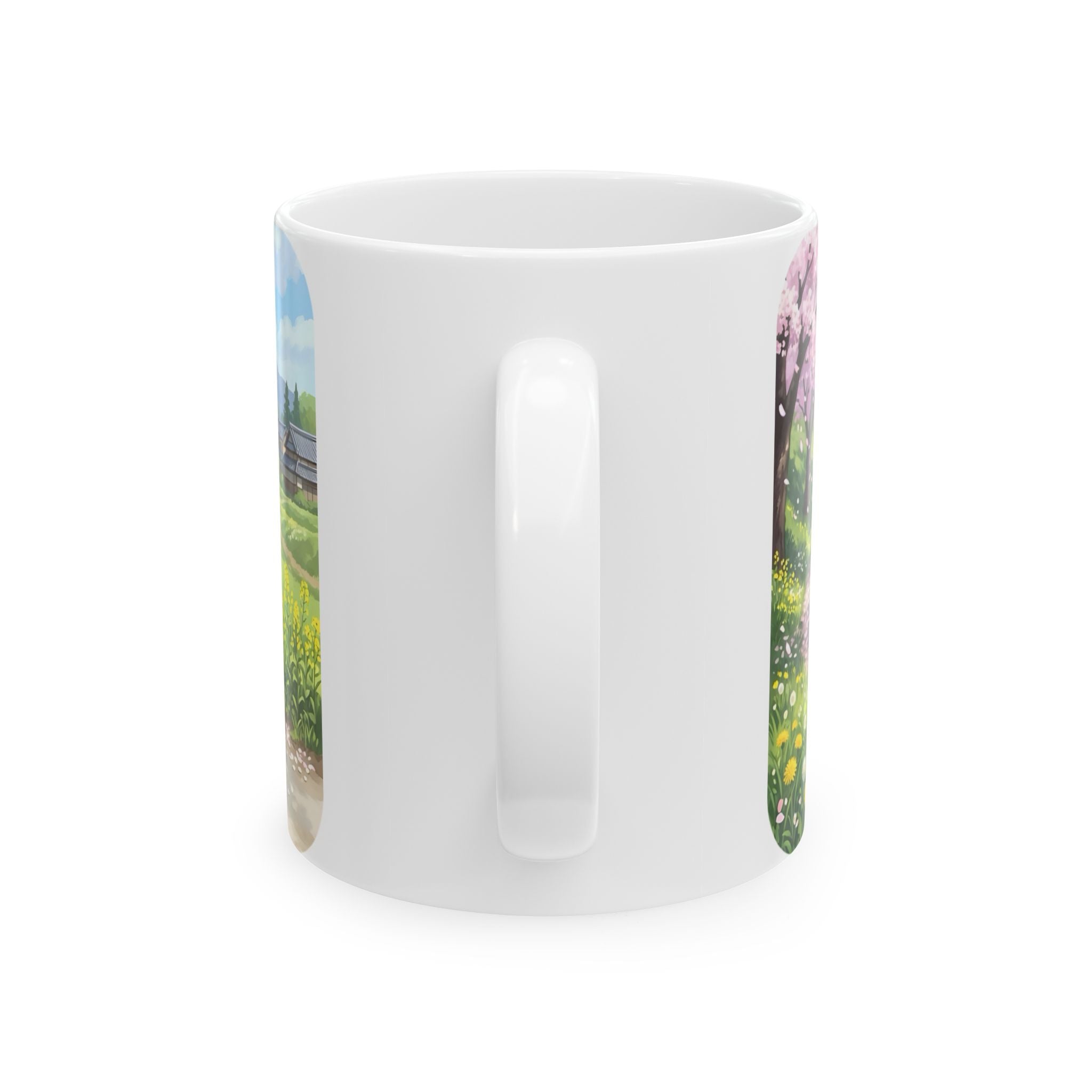 A Quiet Moment of Escape White Ceramic Mug — Sunlit Spring Sakura Cycling Cup (11oz, 15oz)