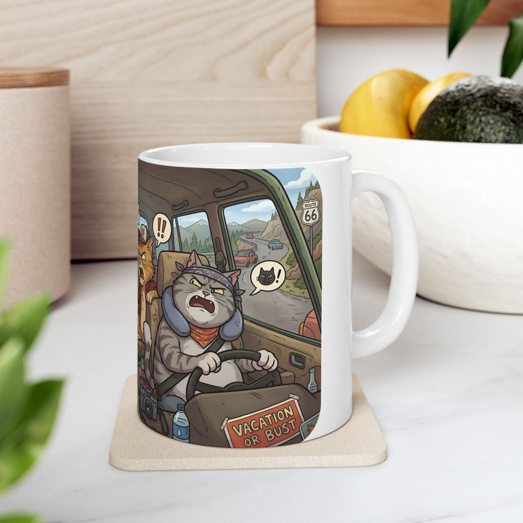 Angry Cats On A Road Trip White Ceramic Mug — Funny Kitty Crew Travel Cup (11oz, 15oz)