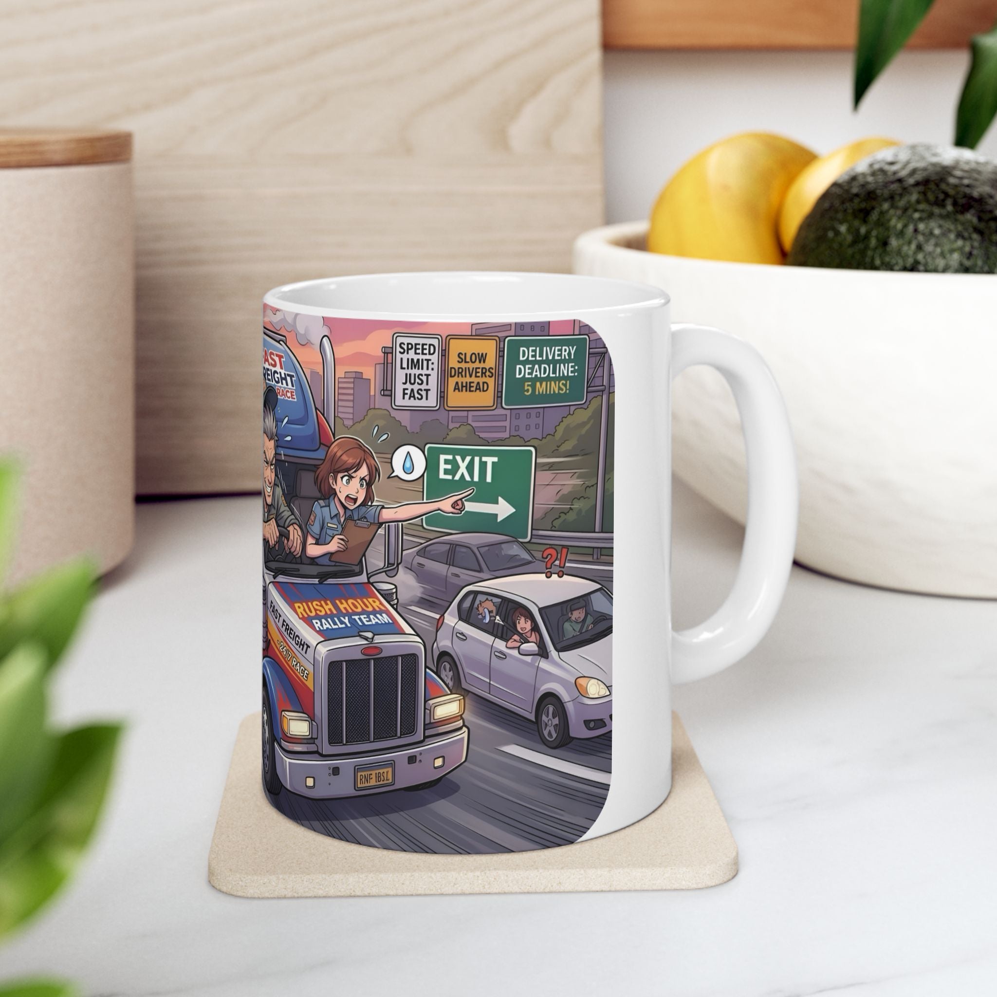 Trucker Life White Ceramic Mug – 'Fast Freight' Big Rig Tea Cup (11oz/15oz)