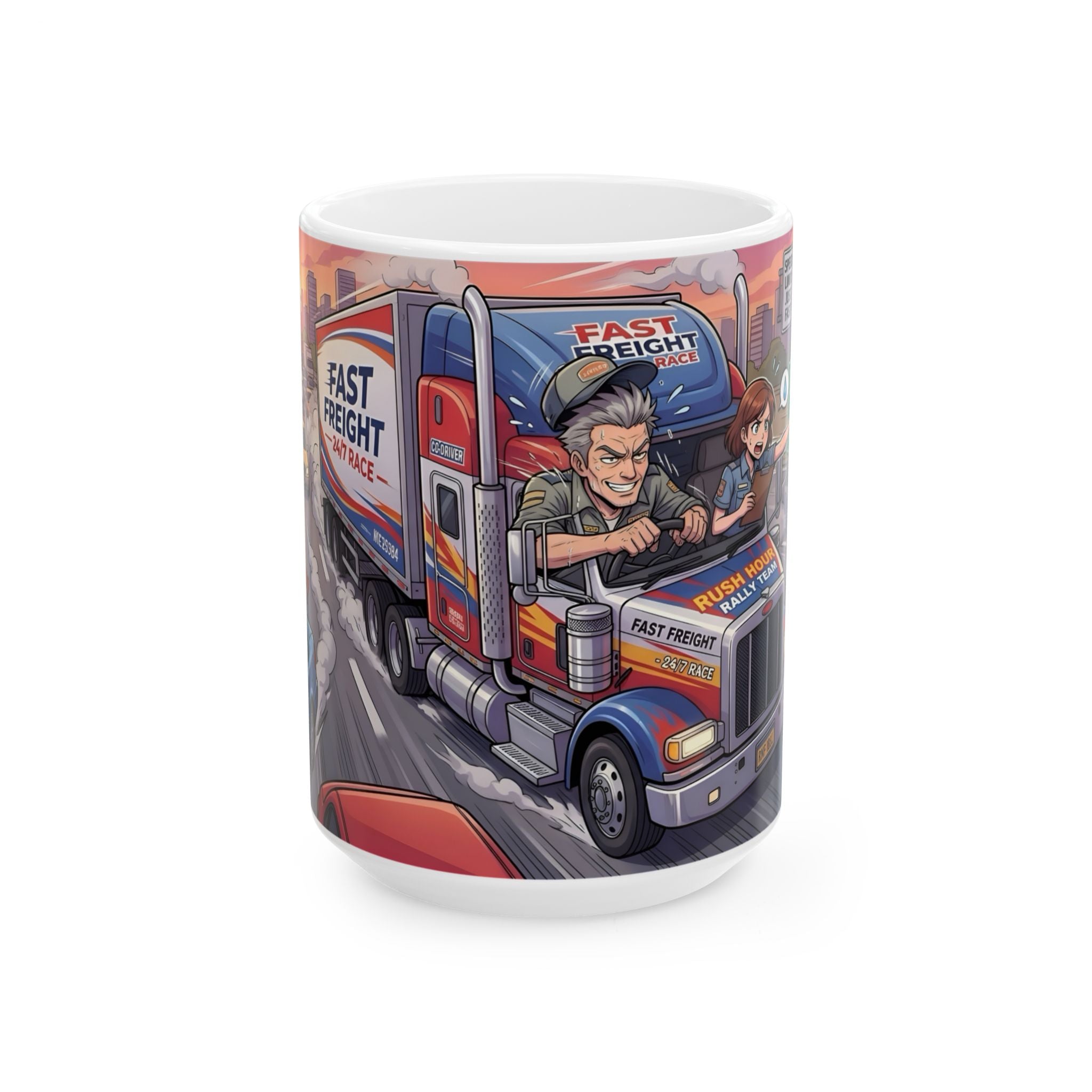 Trucker Life White Ceramic Mug – 'Fast Freight' Big Rig Tea Cup (11oz/15oz)